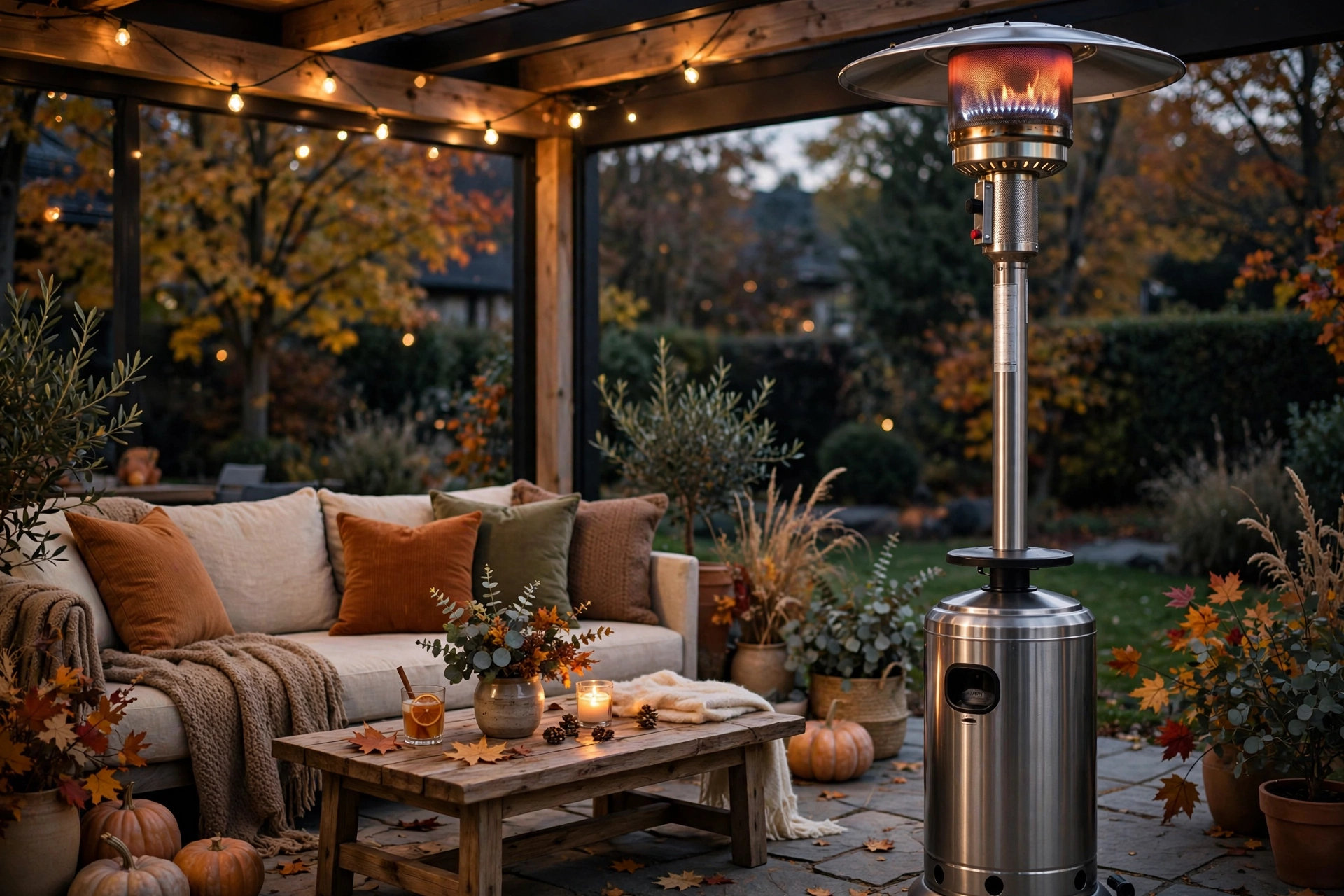 Propane patio heater warming fall evening seating area
