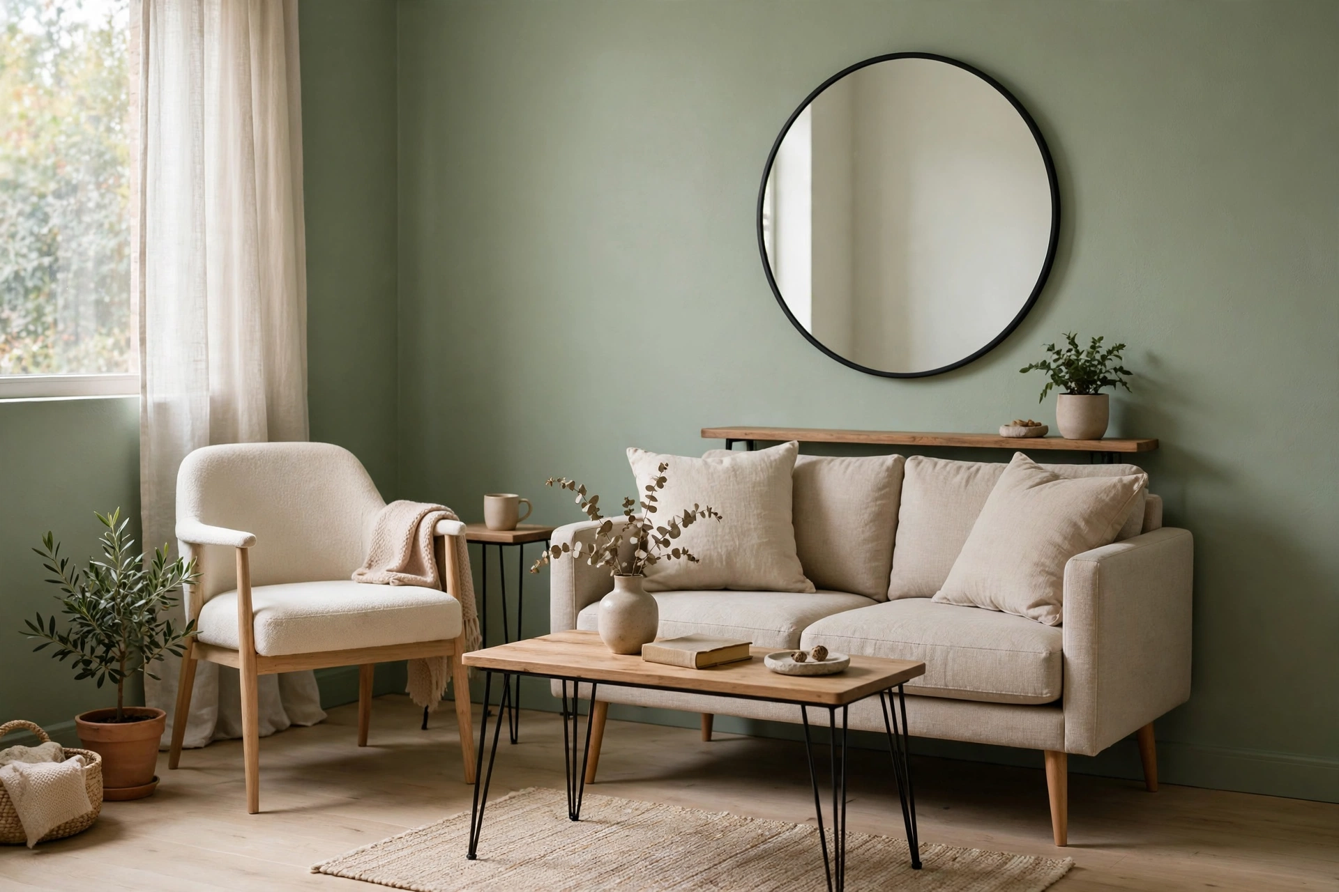 Small sage green living room with mirror and leggy furniture