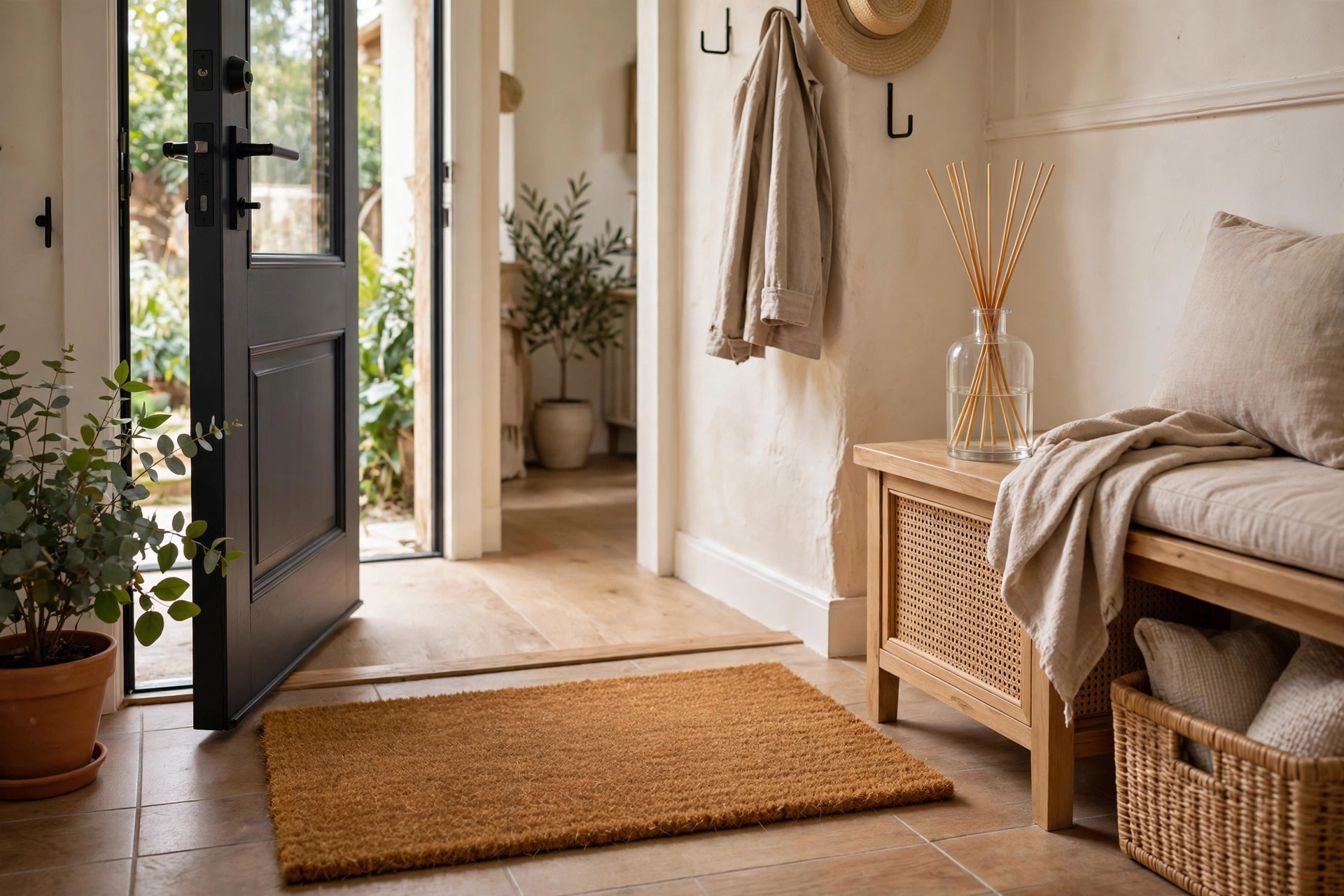 Fresh coir doormat and diffuser at welcoming front entrance