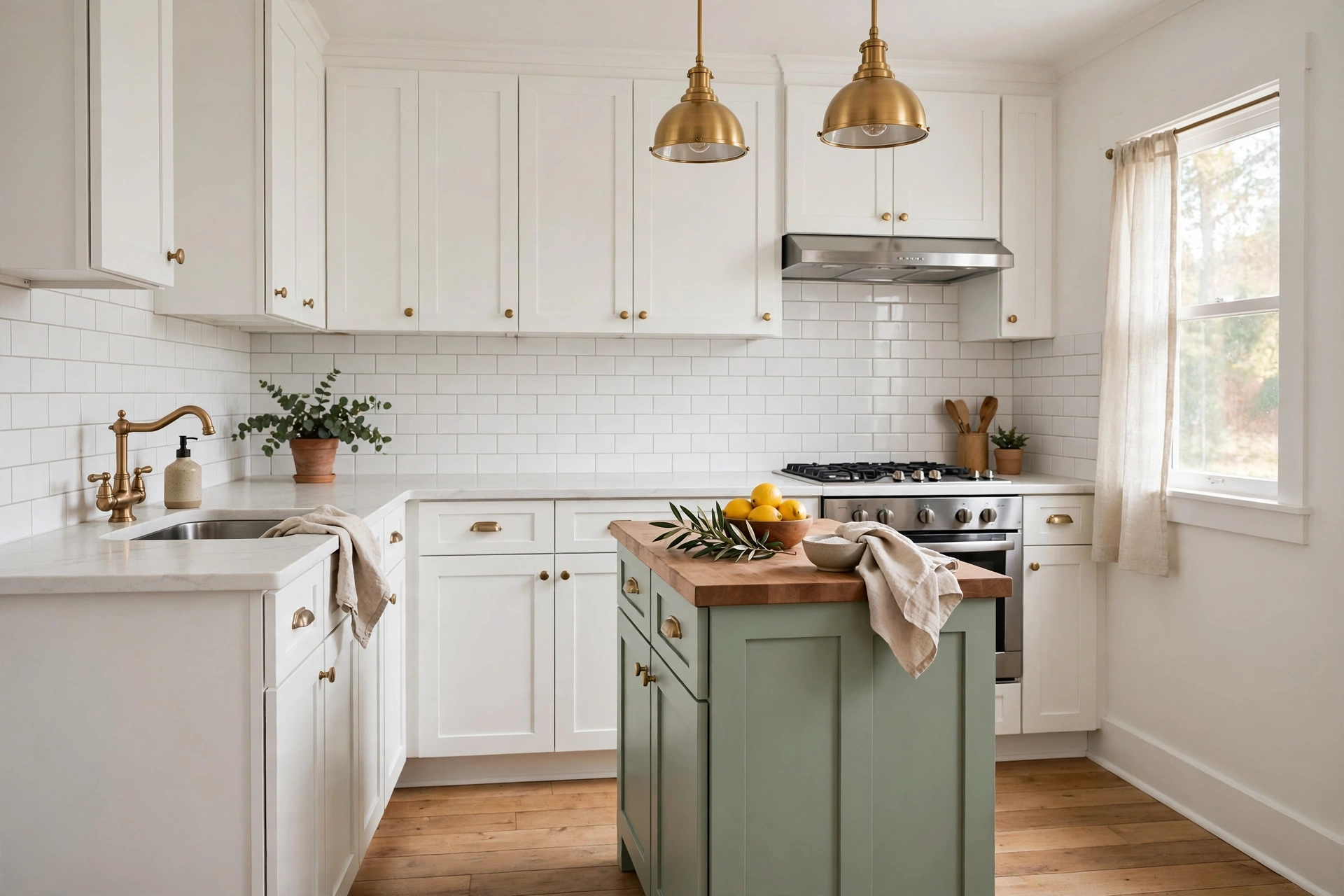 Small white kitchen with a sage green island adding two-tone contrast