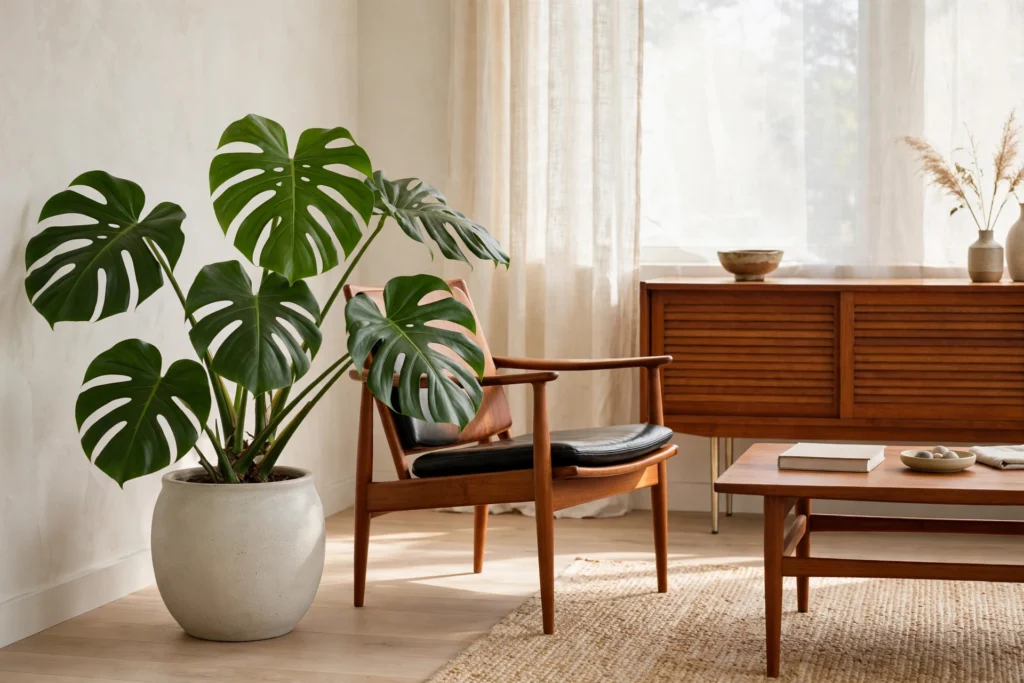 Large monstera in a ceramic pot beside teak furniture in a mid-century living room