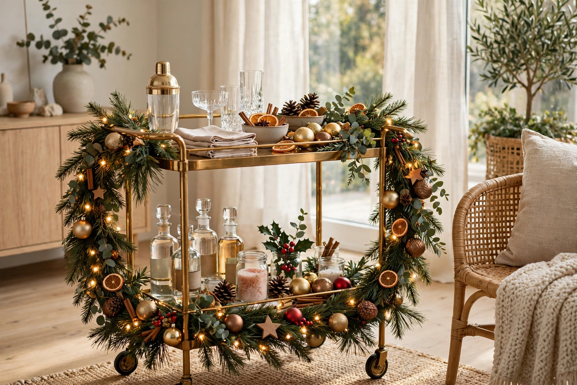 Holiday Bar Cart With Pine Garland Lights And Festive Ornaments