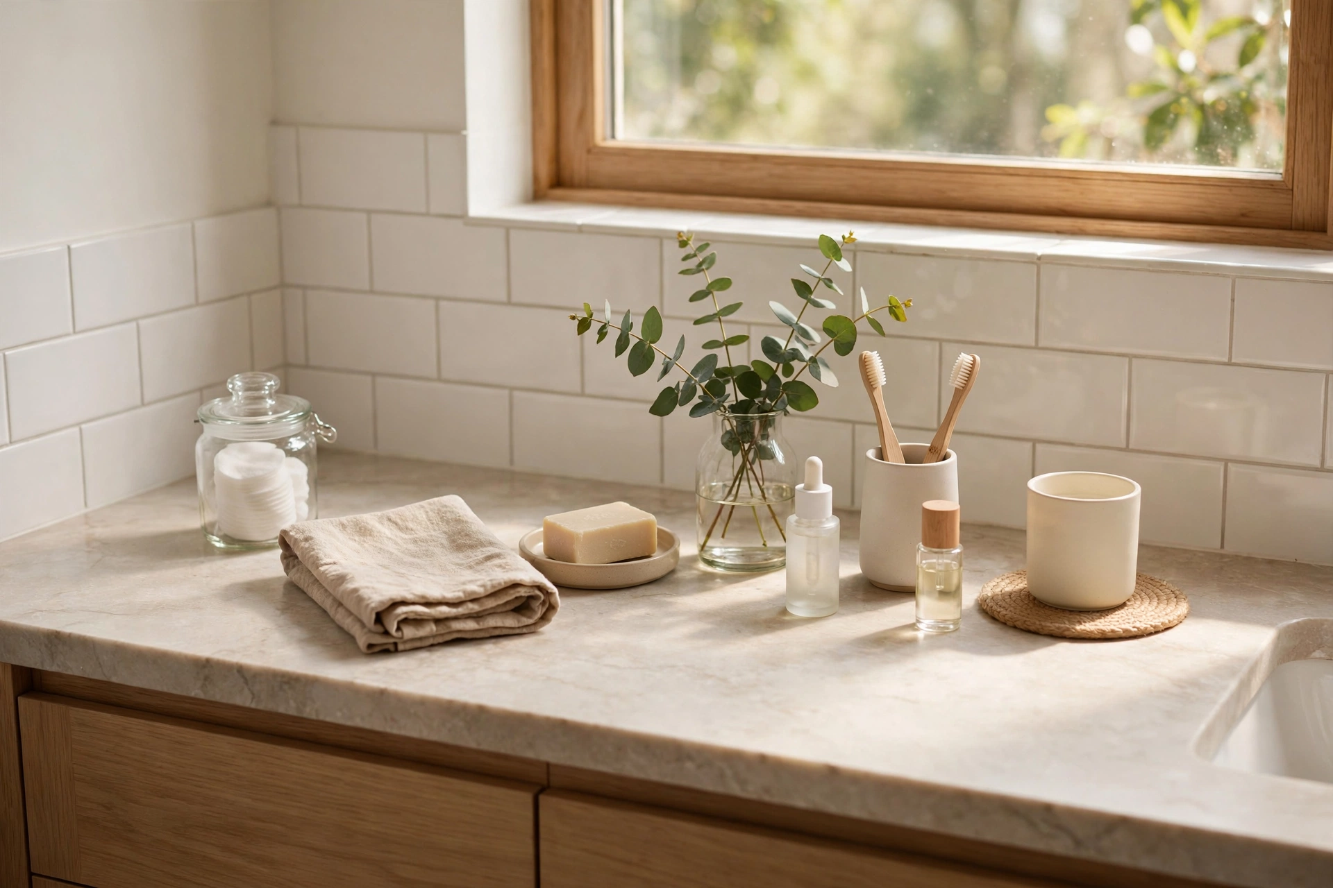 Tidy Minimal Bathroom Counter After Weekly Declutter
