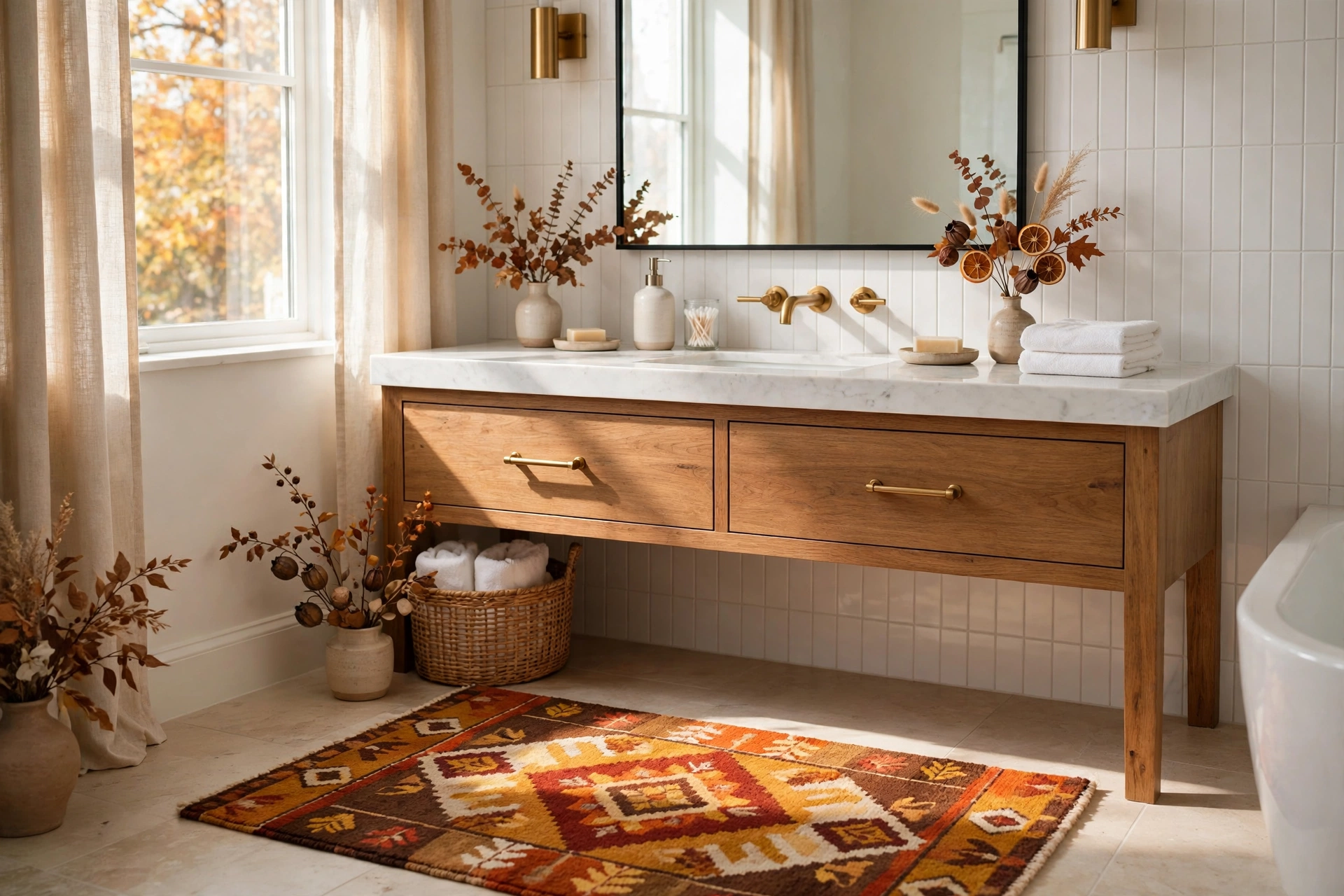Seasonal Rug Swap Bringing Autumn Hues To A Fresh Bathroom