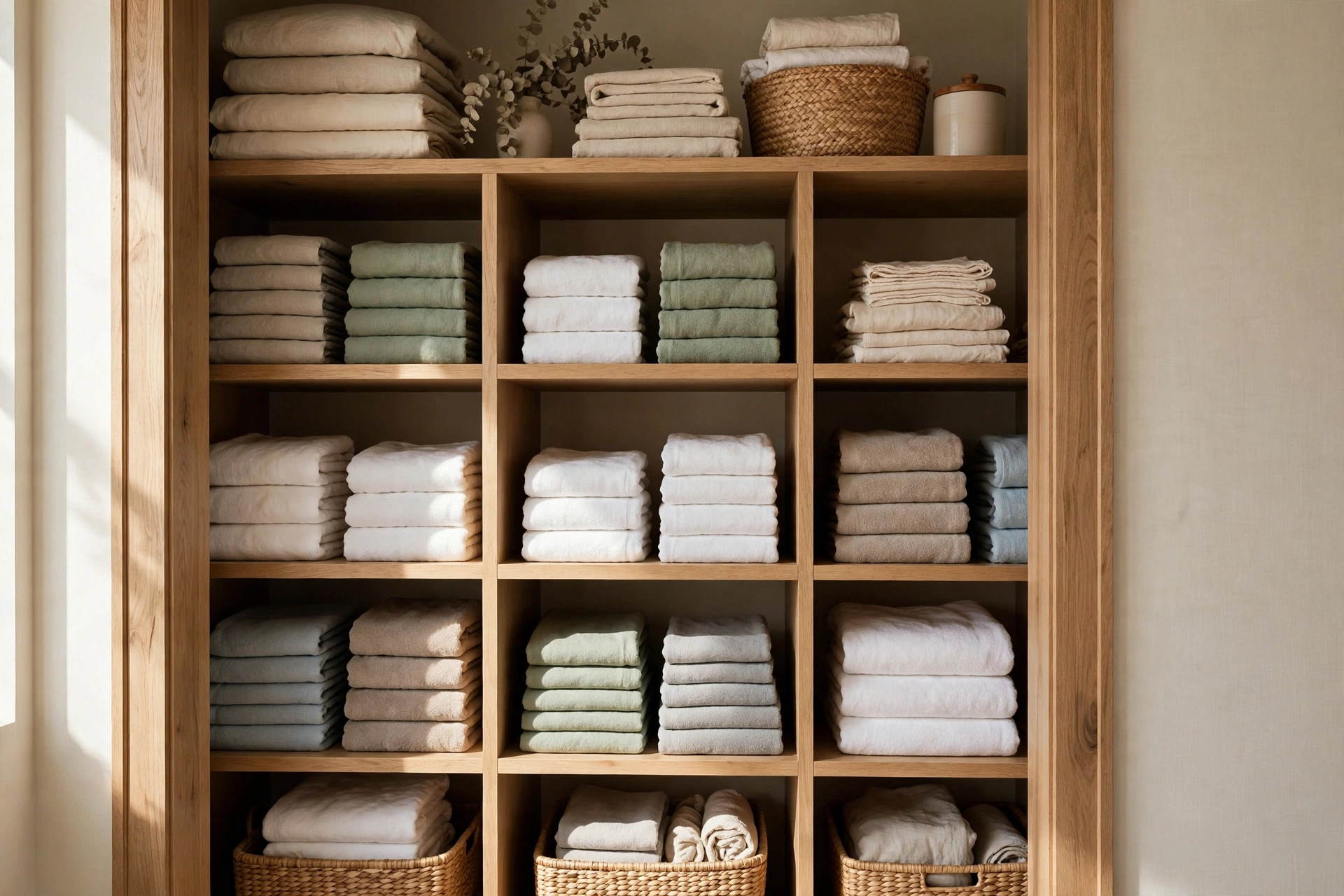 Linen Closet With Cubby Dividers And Neatly Folded Towels