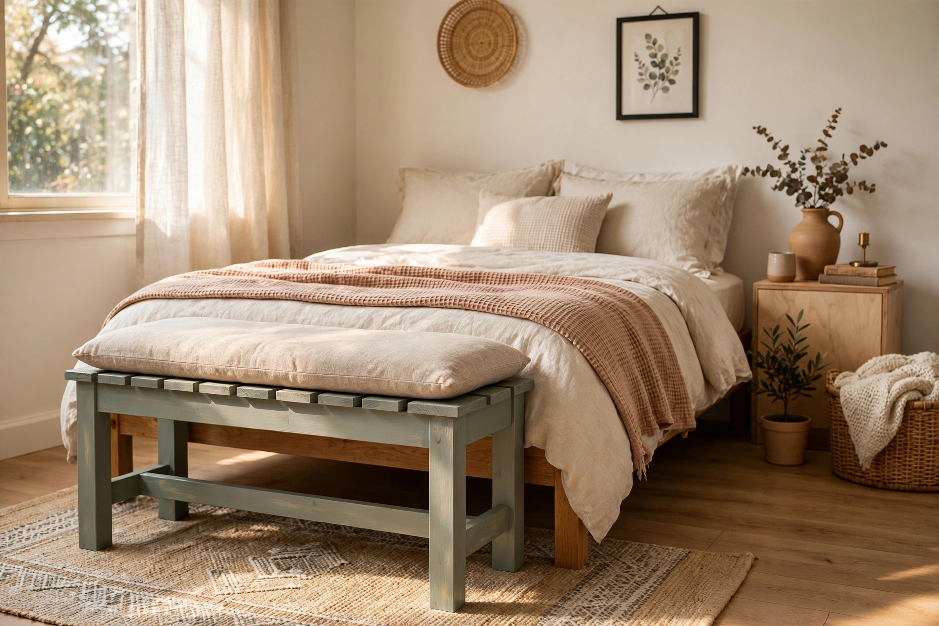 DIY Painted Wooden Bench with New Cushion in Budget Bedroom Makeover