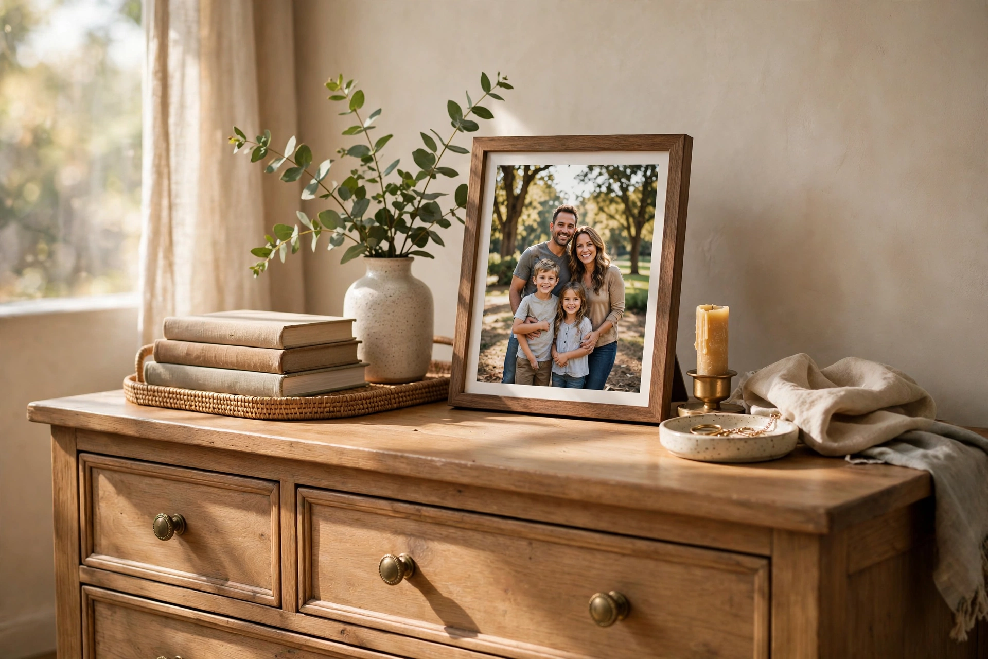 Framed Family Photo Displayed on a Dresser Top