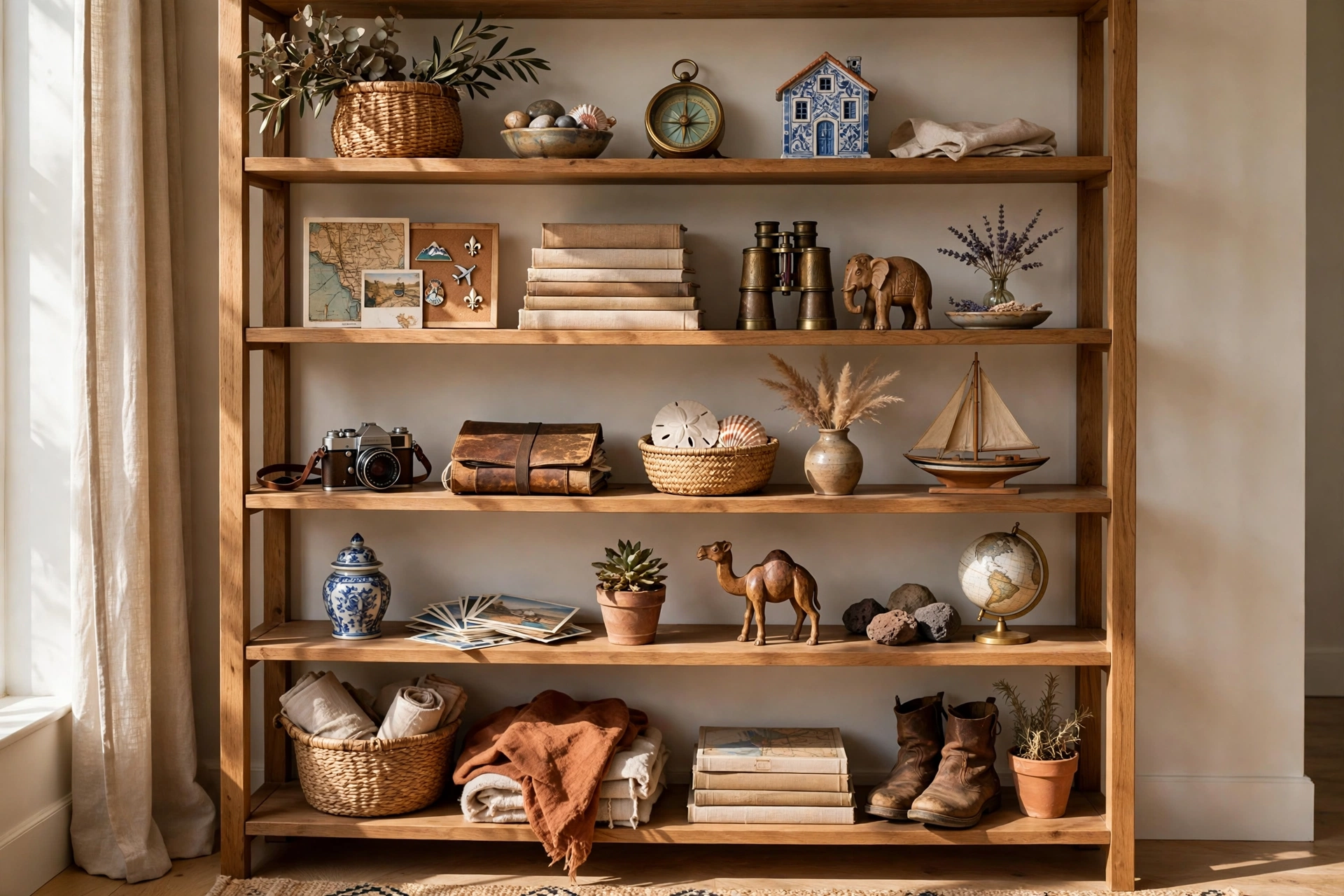 Bookcase Styled With Travel Souvenirs And Personal Mementos