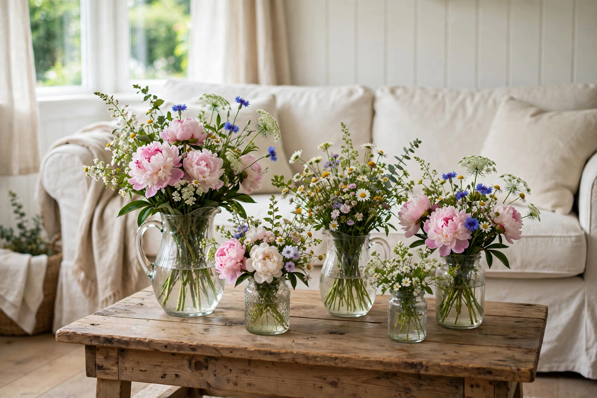 Fresh garden flowers in vintage glass jars on a cottage living room coffee table