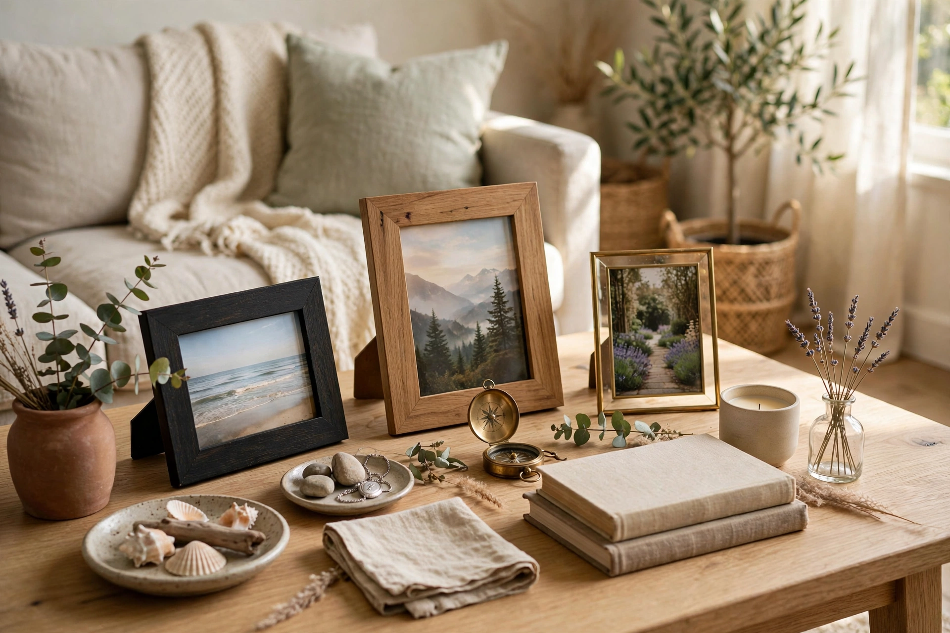 Personal Mementos and Framed Photos on Coffee Table
