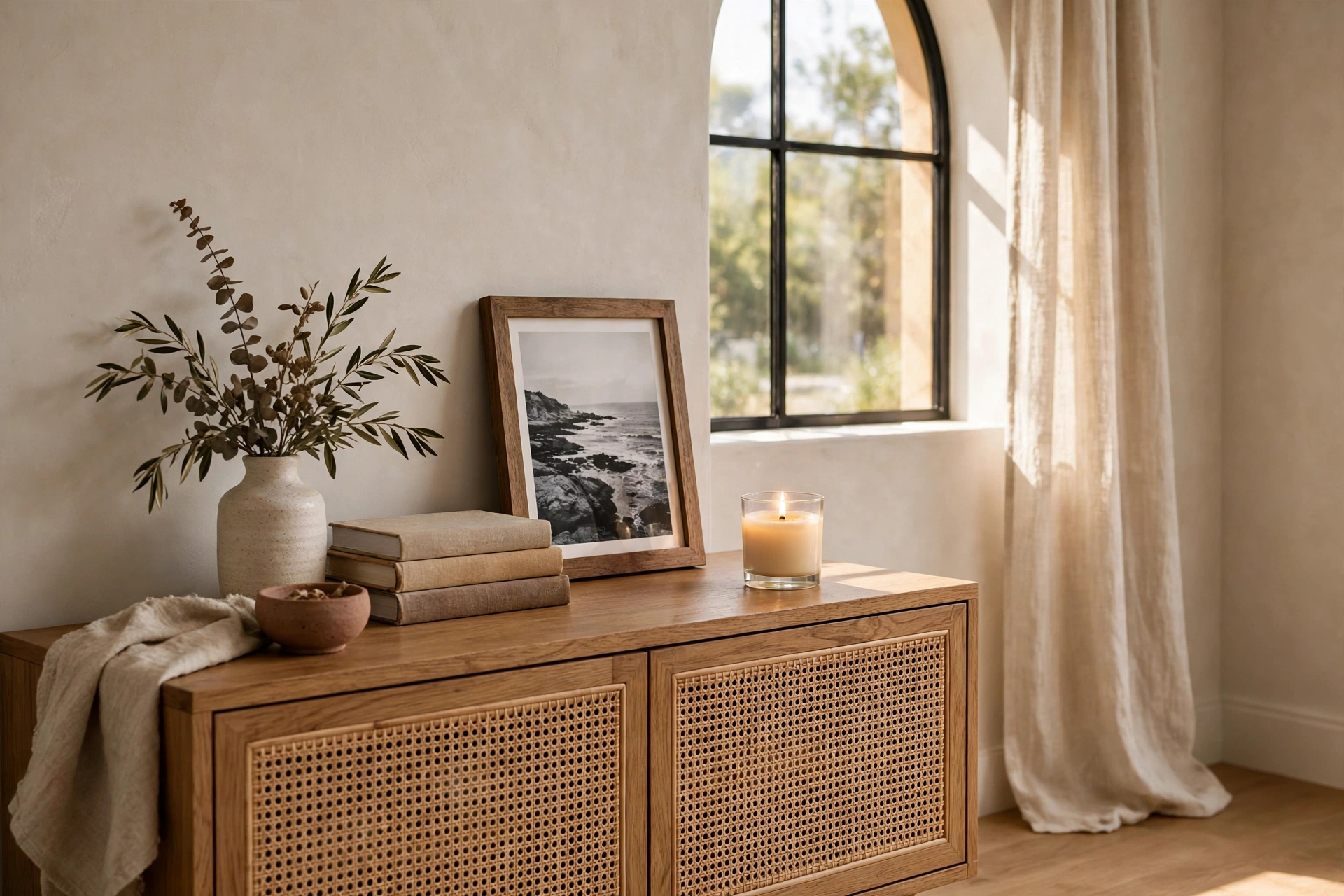 Console Table Styled With A Scented Candle And Personal Photograph
