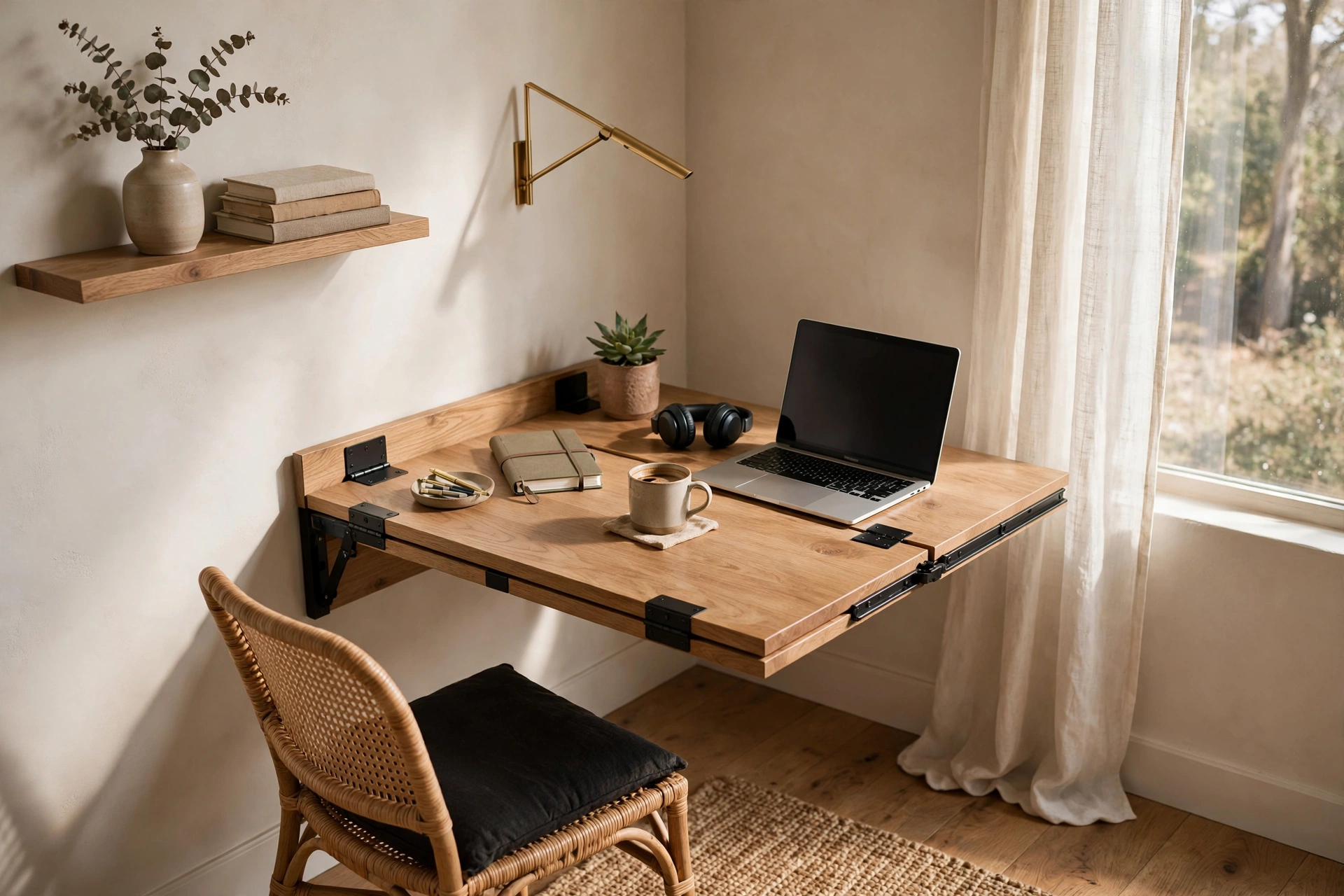 Fold Down Wall Mounted Corner Desk Open And In Use