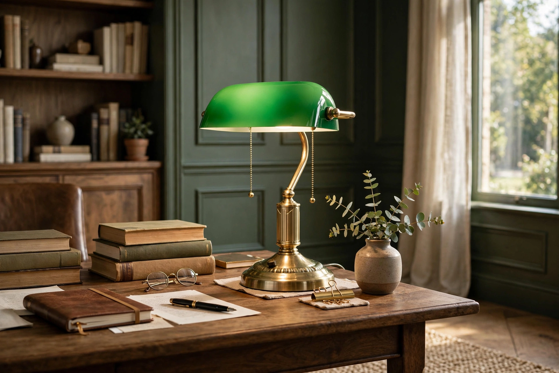 Vintage Banker Style Lamp With Green Shade