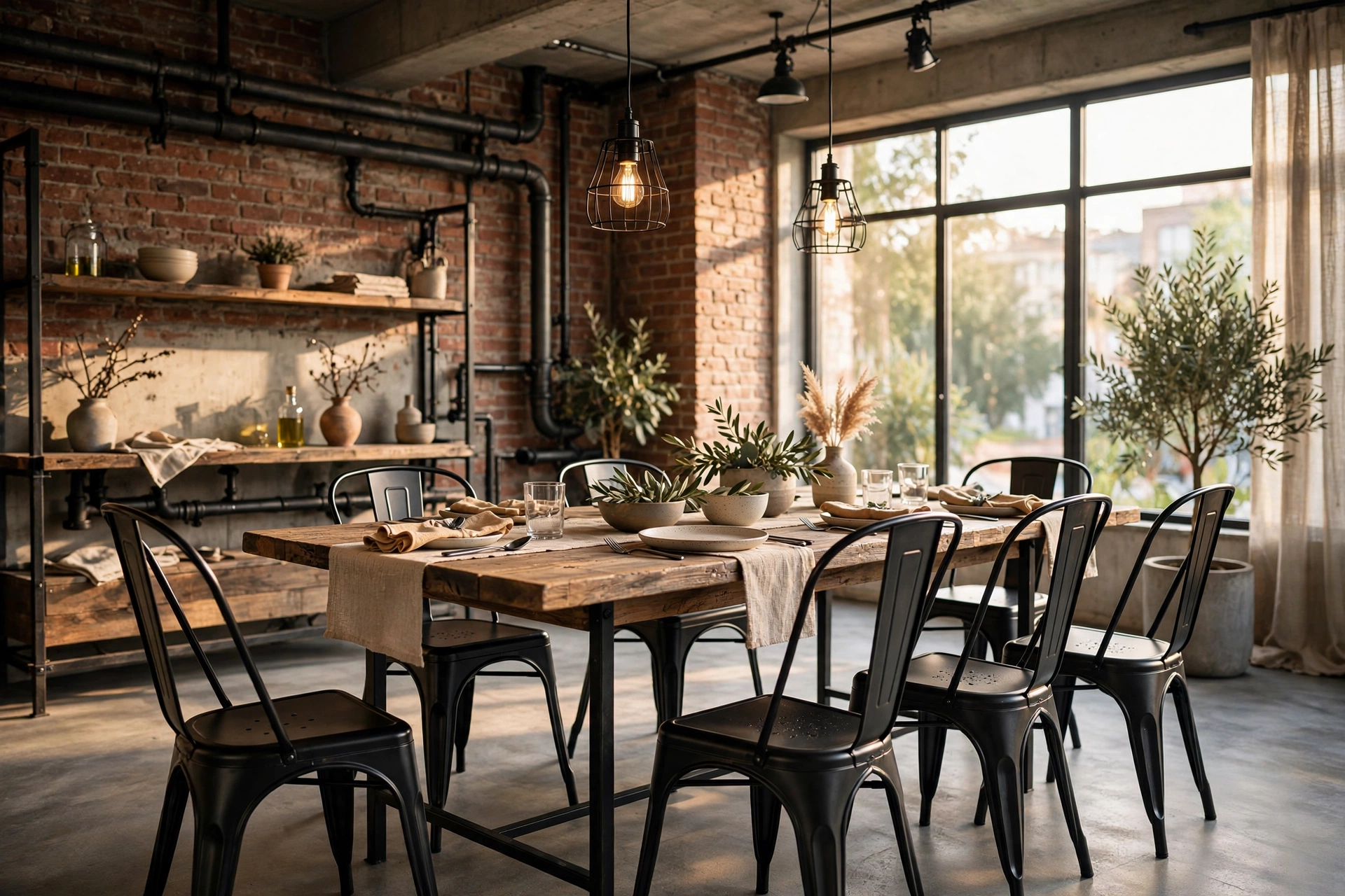 Black Metal Dining Chairs in an Industrial Style Dining Room