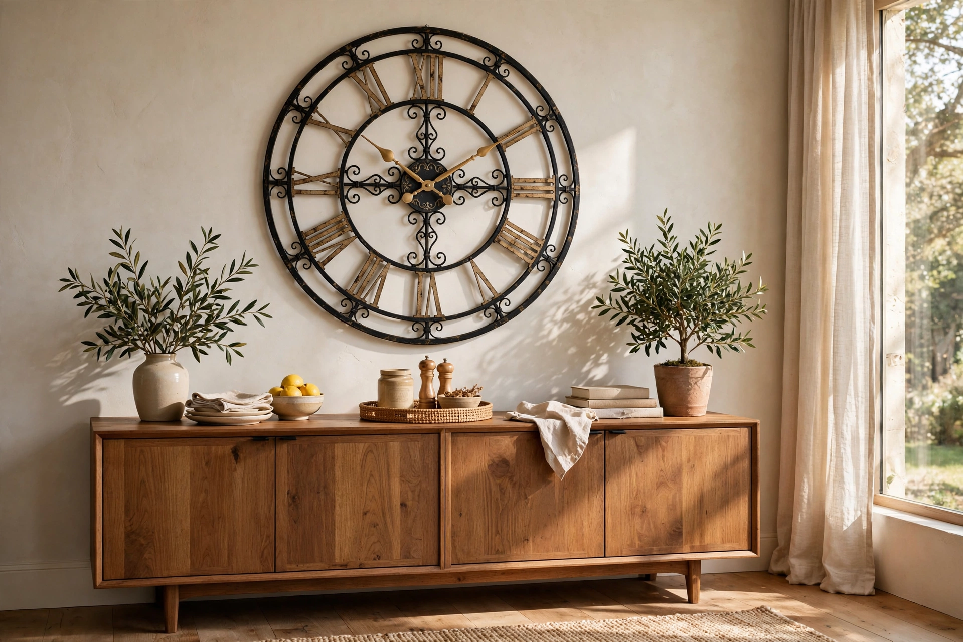 Large Decorative Wall Clock Above a Wooden Dining Room Sideboard