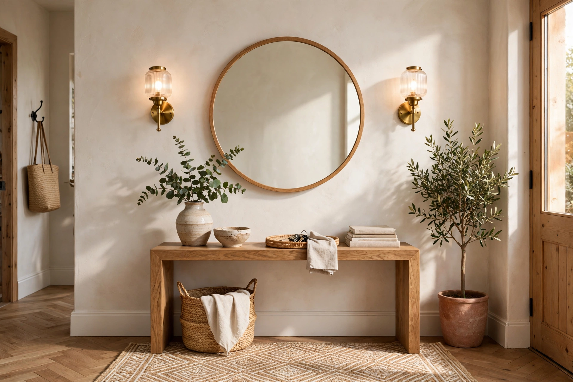 Round Mirror Flanked by Wall Sconces in an Entryway
