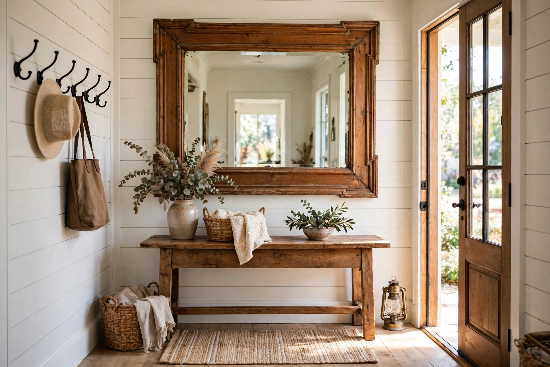 Vintage Wood Framed Mirror in a Farmhouse Entryway