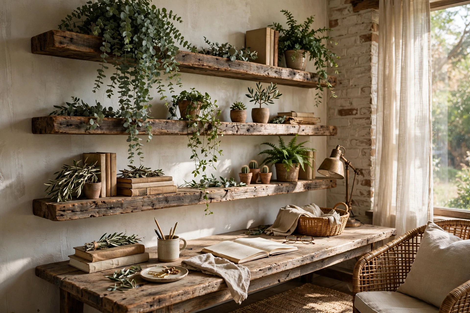 Reclaimed Wood Shelves With Greenery In A Rustic Home Office