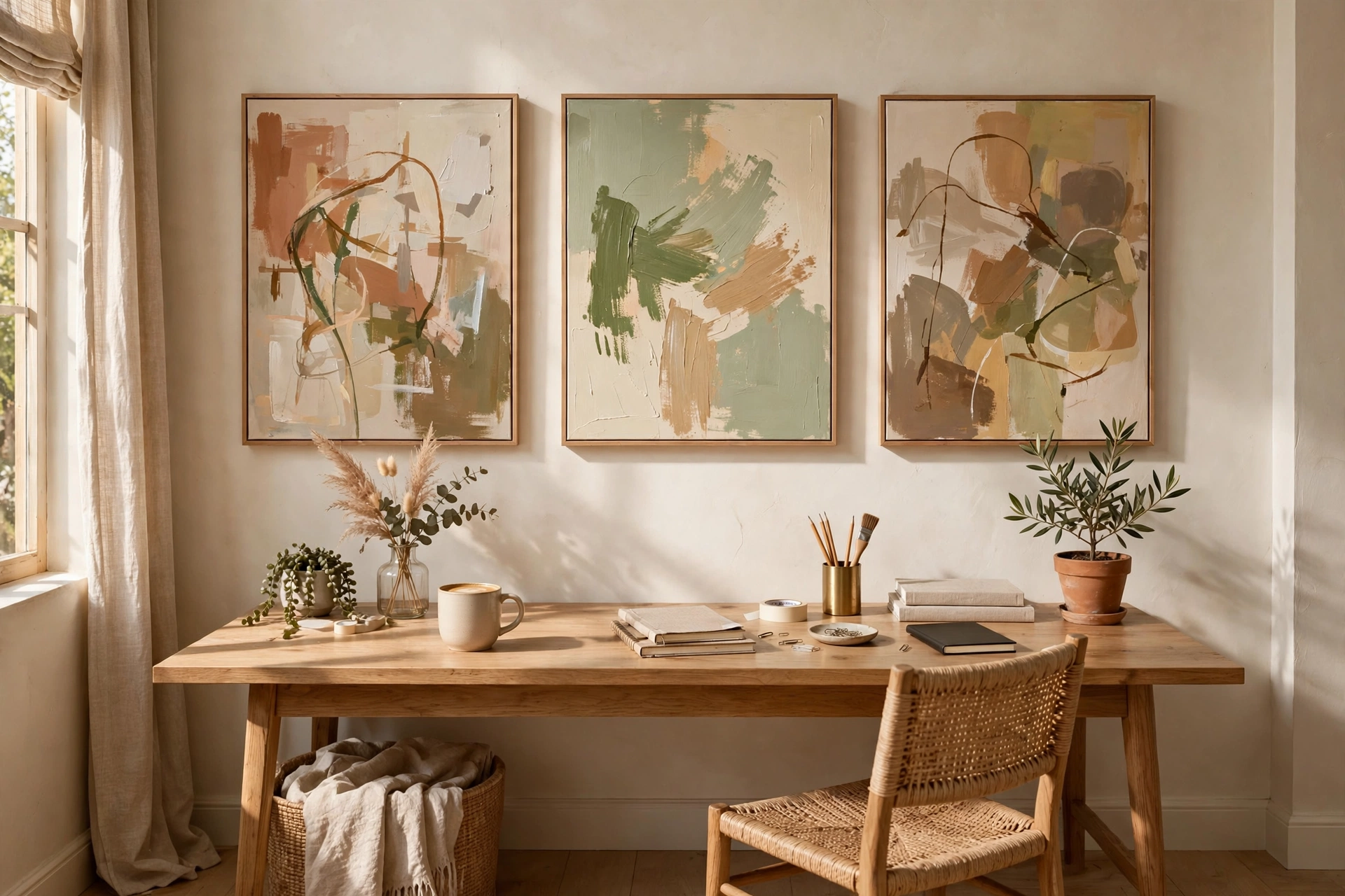 Home Office Wall With DIY Painted Canvas Art