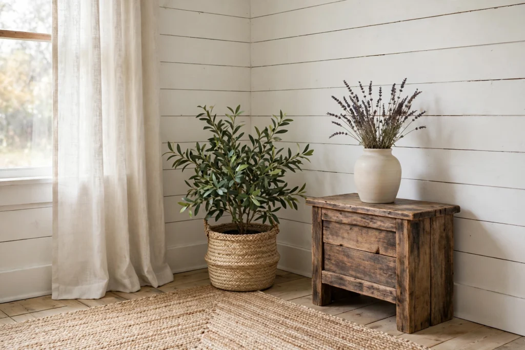 Farmhouse bedroom corner with a potted plant in a seagrass basket, jute rug and dried lavender