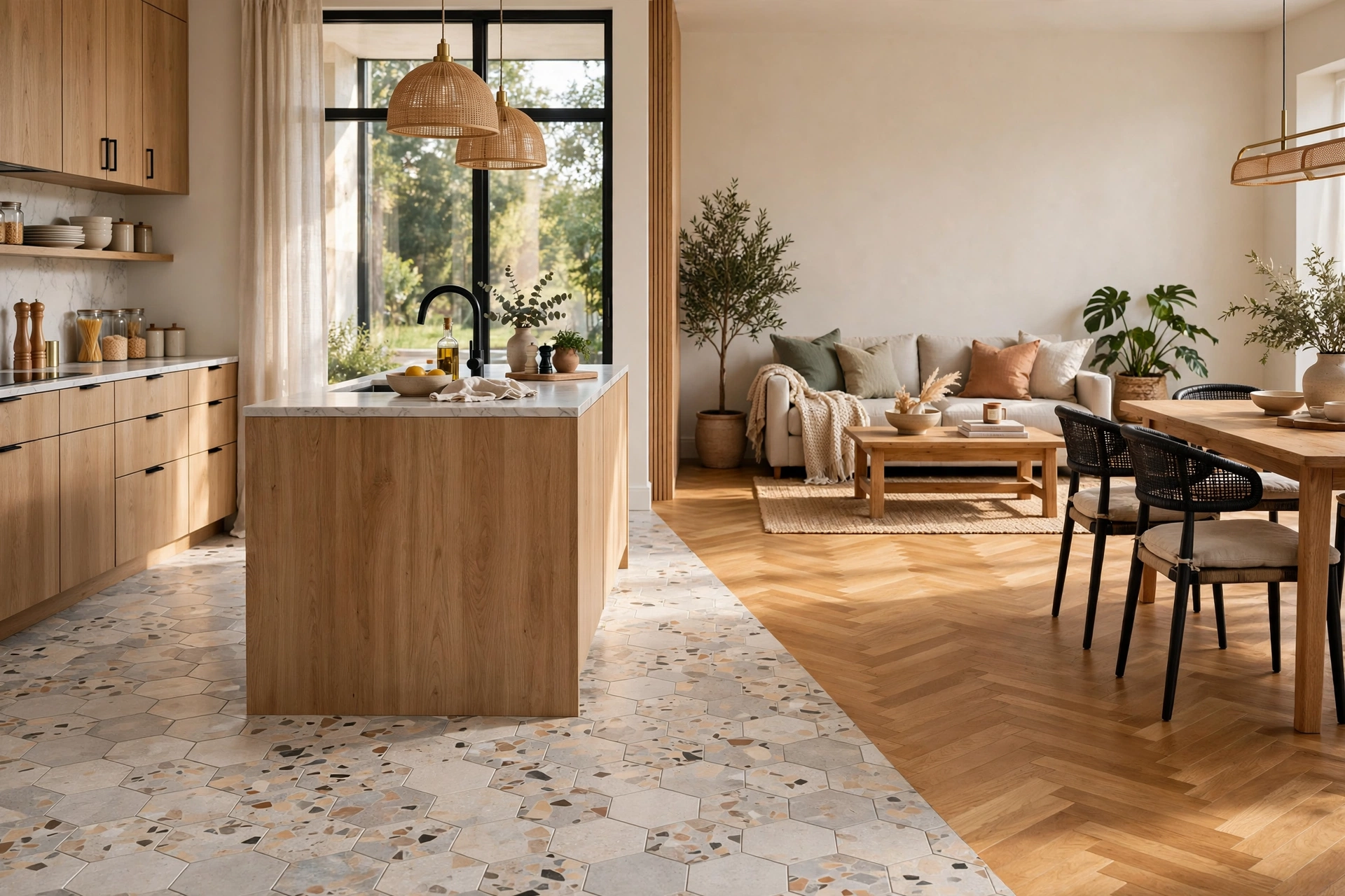 Mixed Material Kitchen Floor Defining Open Plan Zones