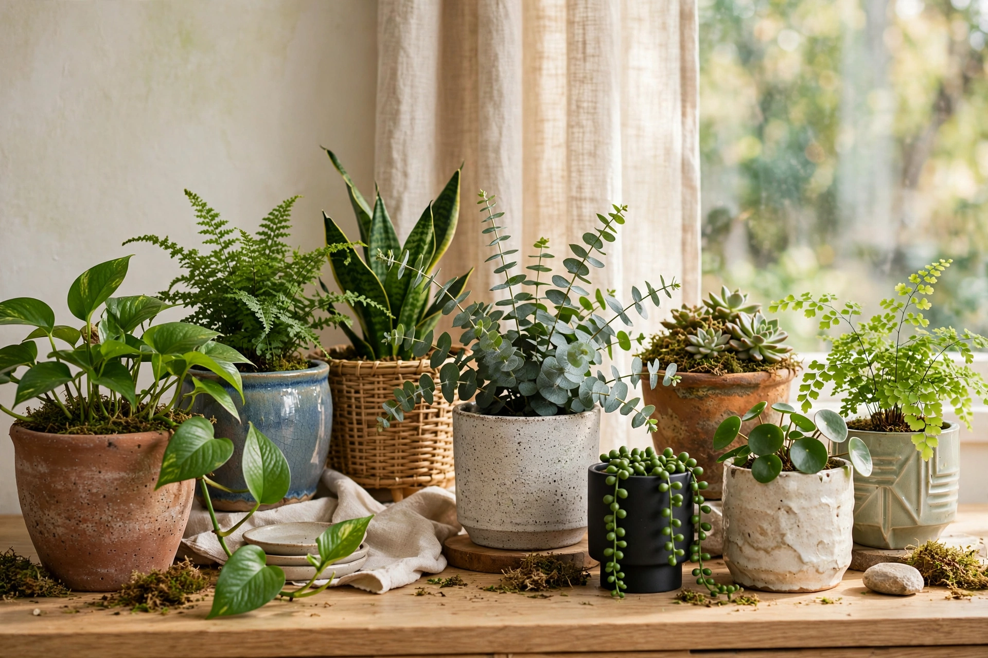 Collection Of Mismatched Decorative Planters With Lush Green Plants