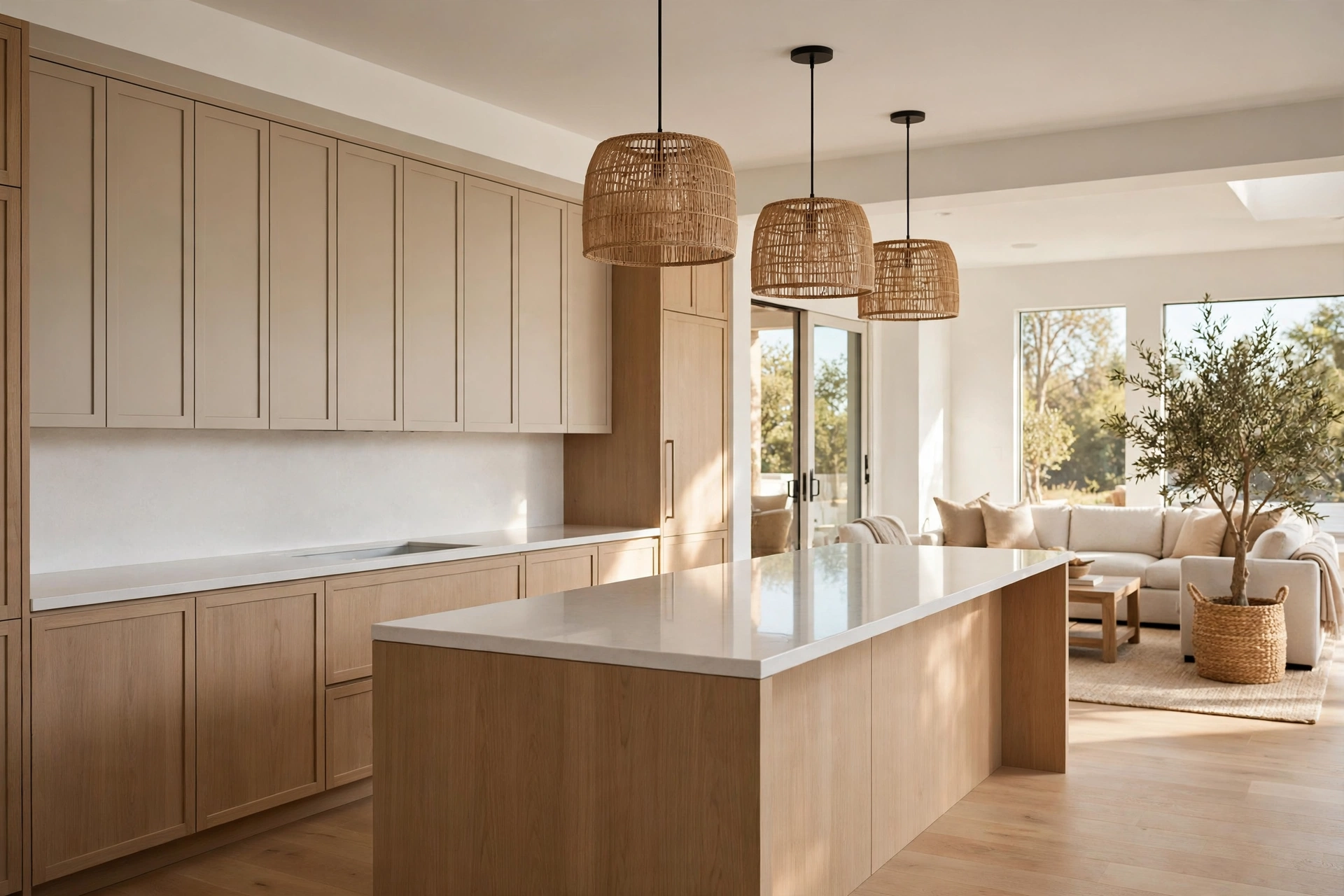 Clutter Free Open Concept Kitchen With Closed Storage And Clear Counters
