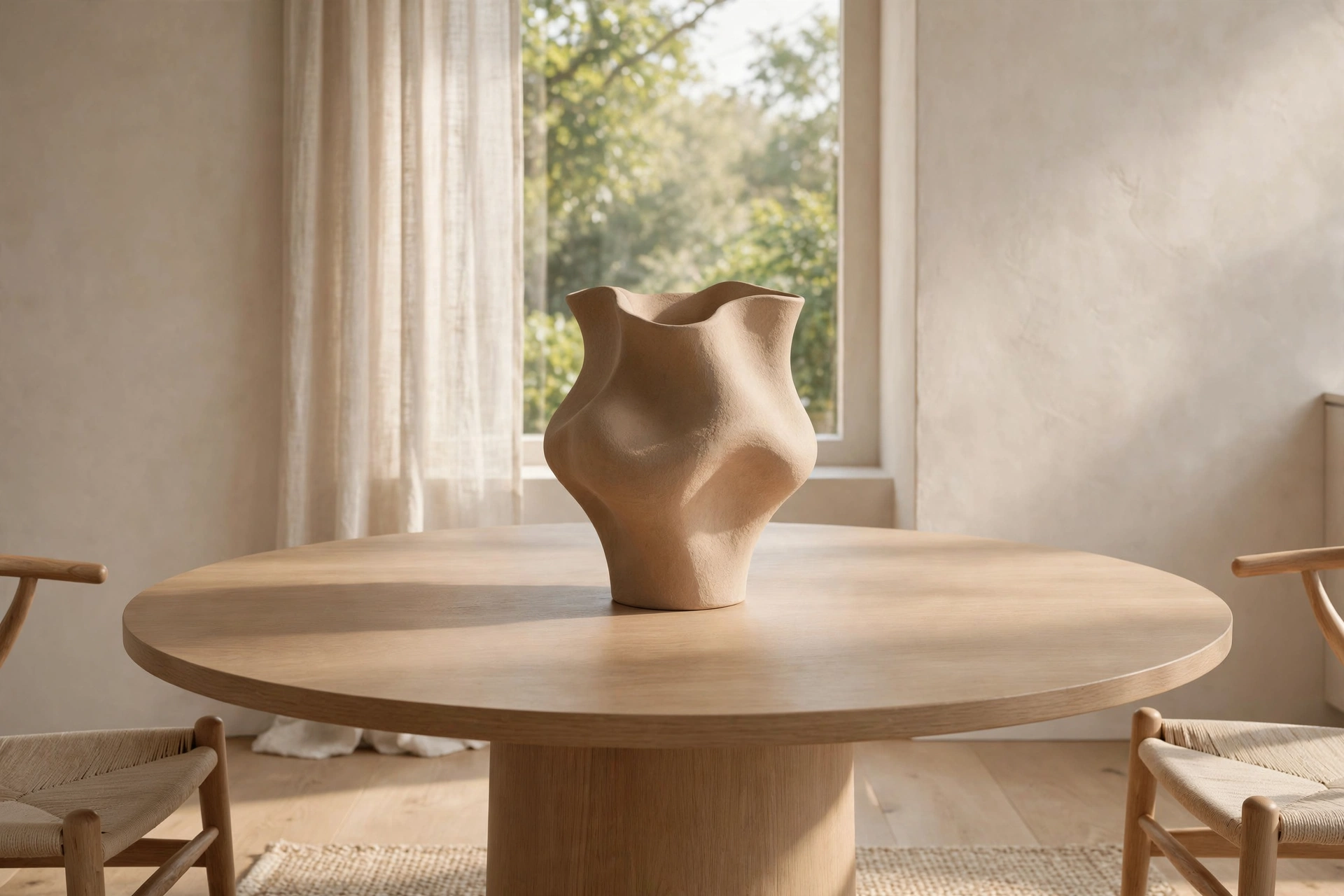 Single Sculptural Vase on a Minimalist Round Dining Table