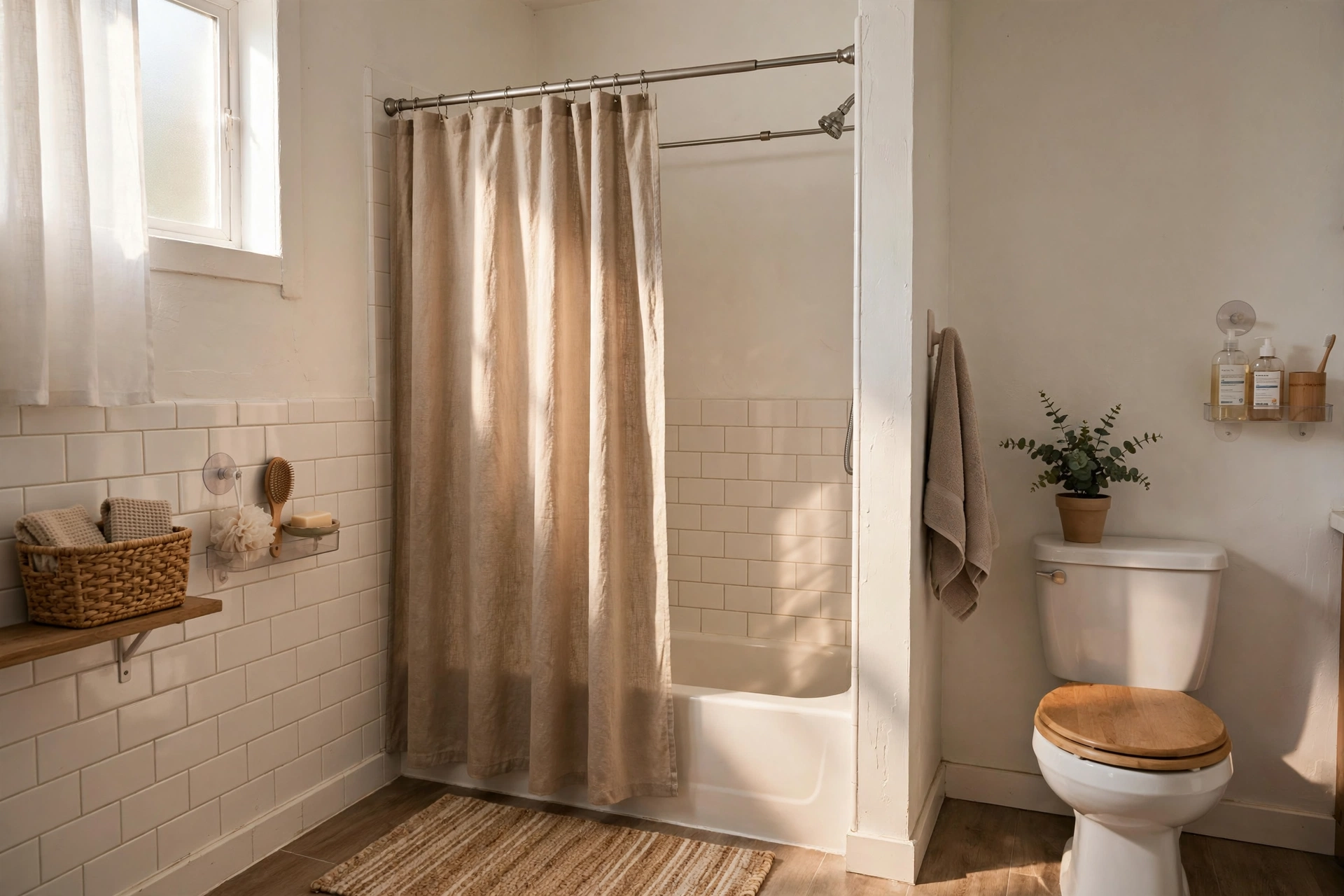 Budget Renter Friendly Shower Curtain Tension Rod Setup