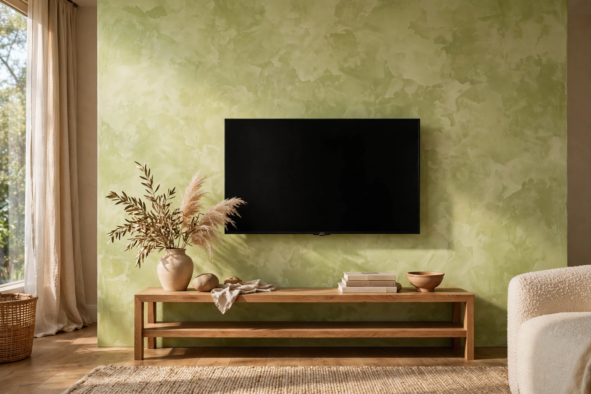 Limewash Textured Wall Behind A Wall Mounted TV