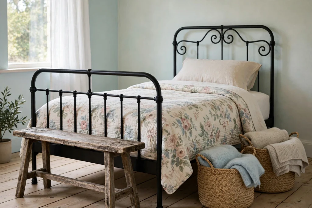 Weathered wood bench and woven seagrass baskets at the foot of a cottage bed