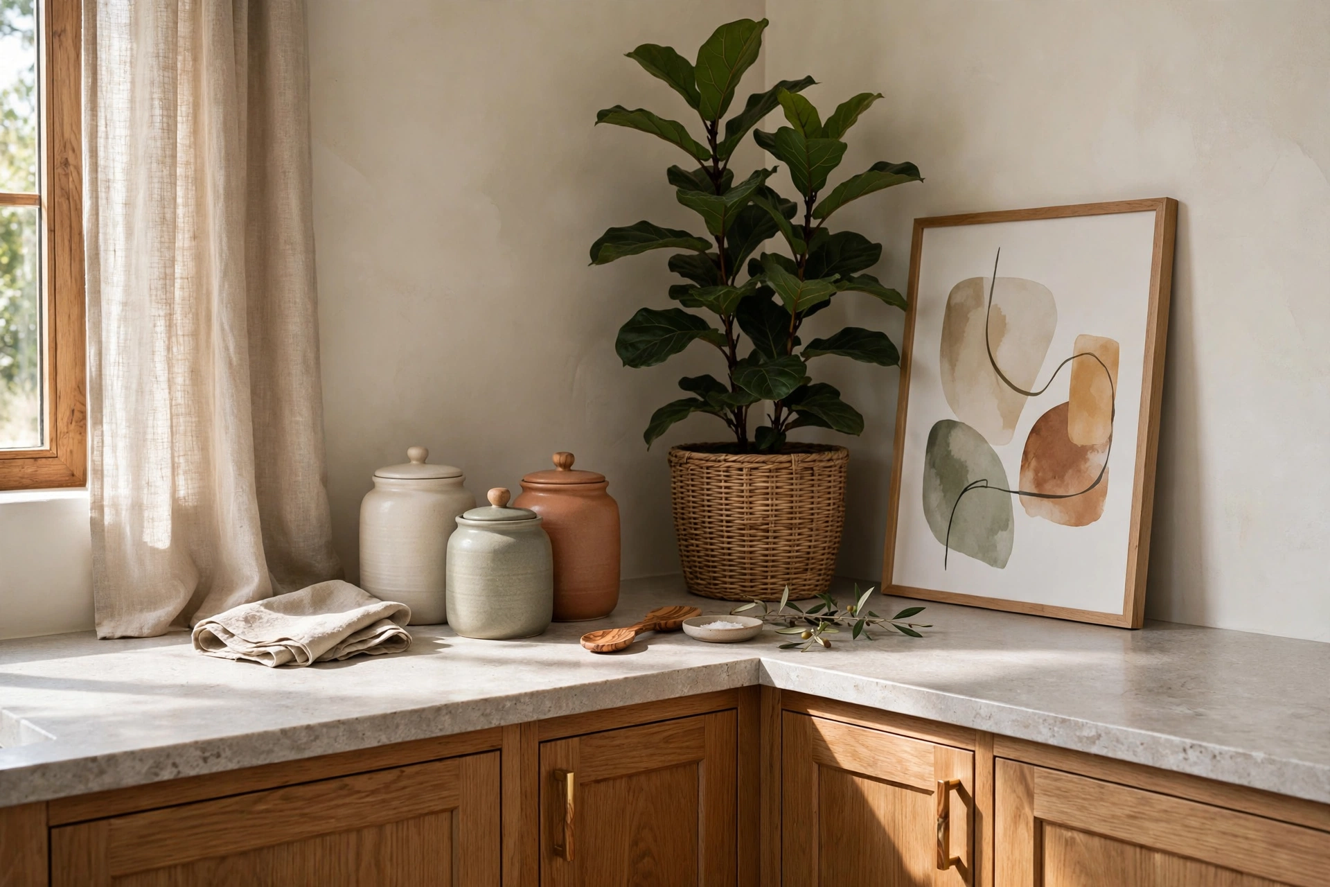Styled Countertop Vignette Above Kitchen Corner Cabinet