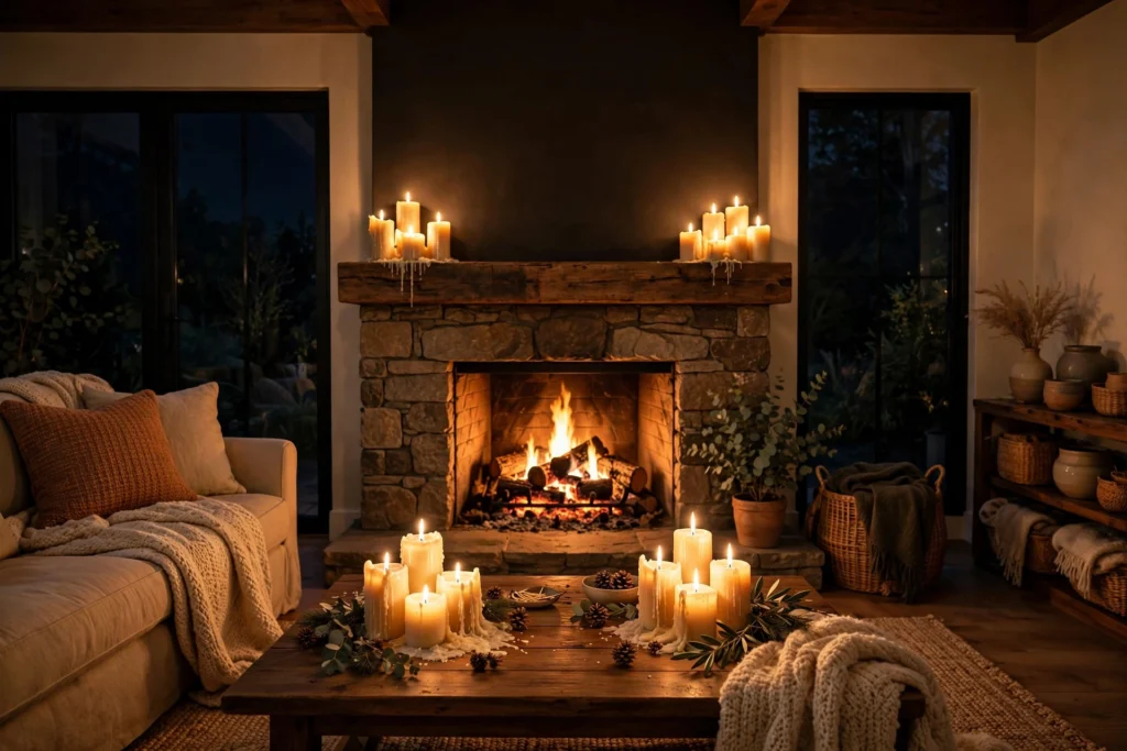 Candlelight And Fireplace Glow Layering A Cozy Living Room