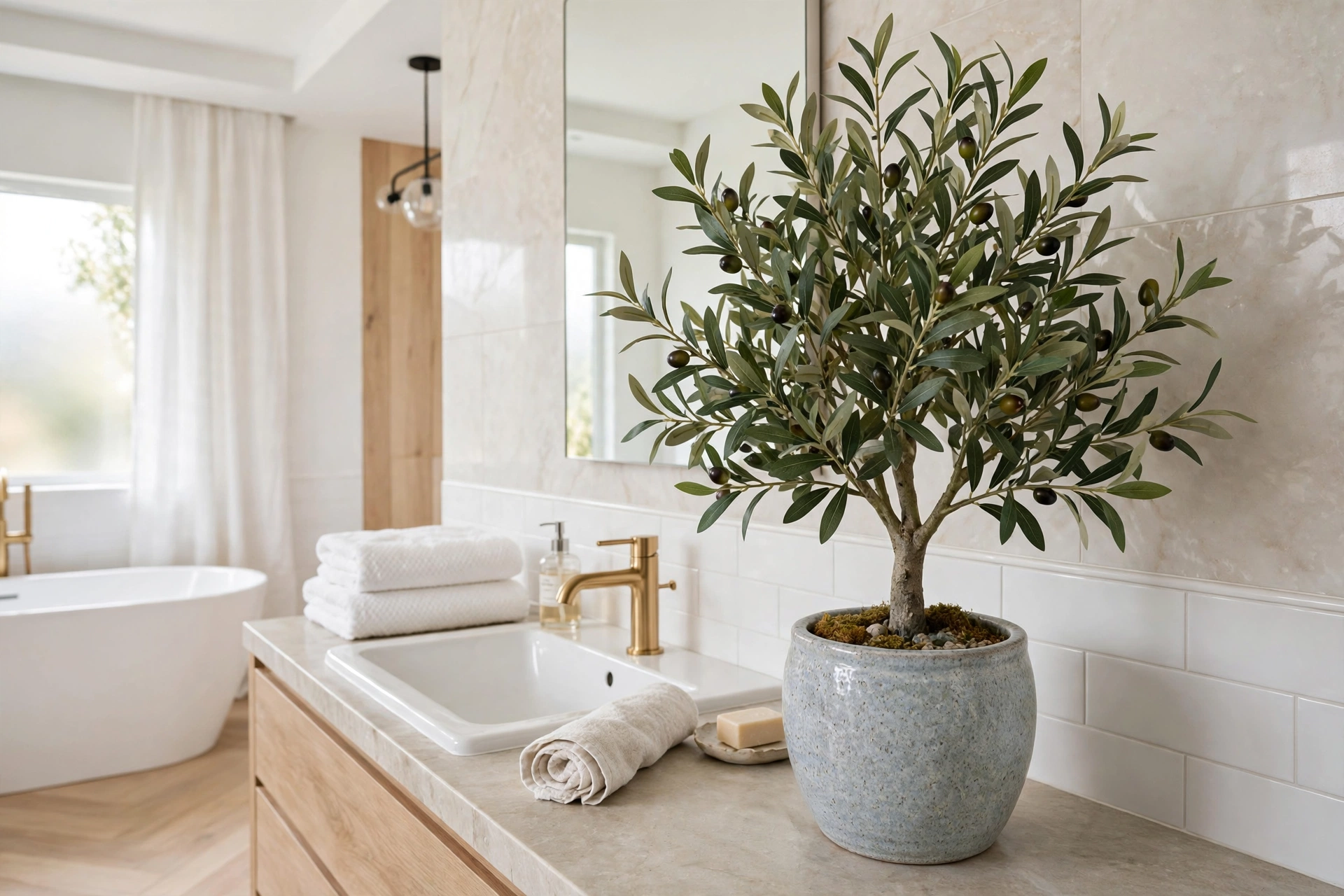 Realistic Faux Plants Decorating A Bathroom