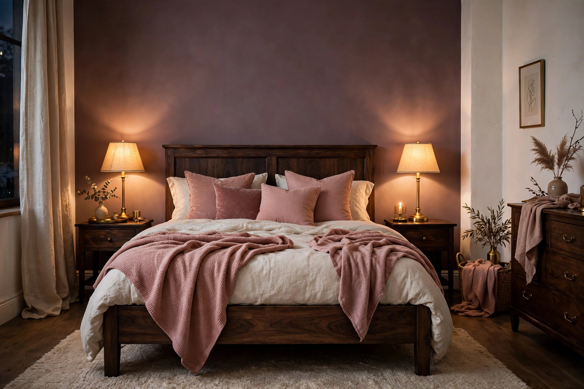 Romantic Bedroom With Muted Plum Wall And Dusty Rose