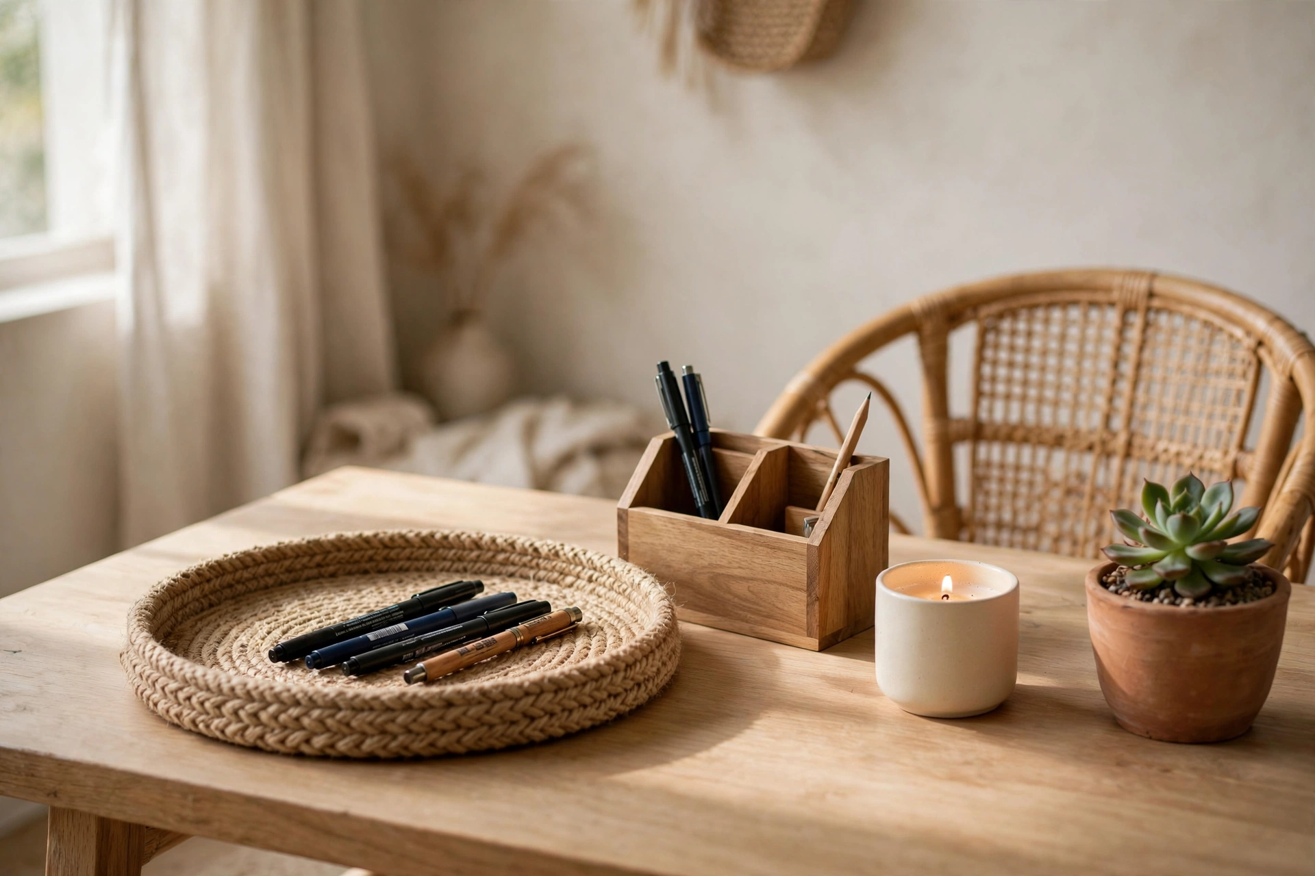 Boho desk styled with jute tray, wooden organizer and terracotta succulent pot