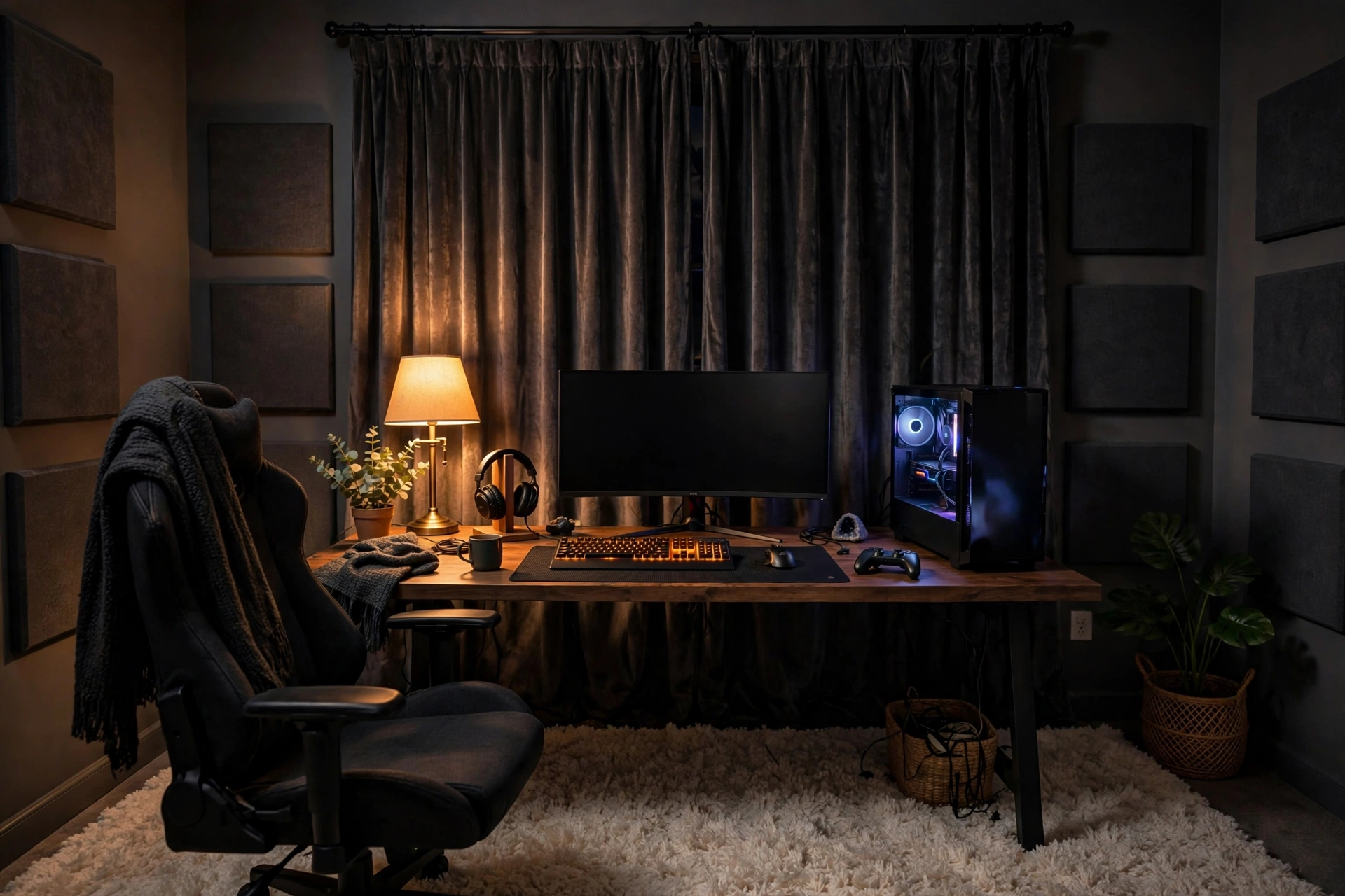 Cozy Soundproofed Gaming Setup For Late Night Play