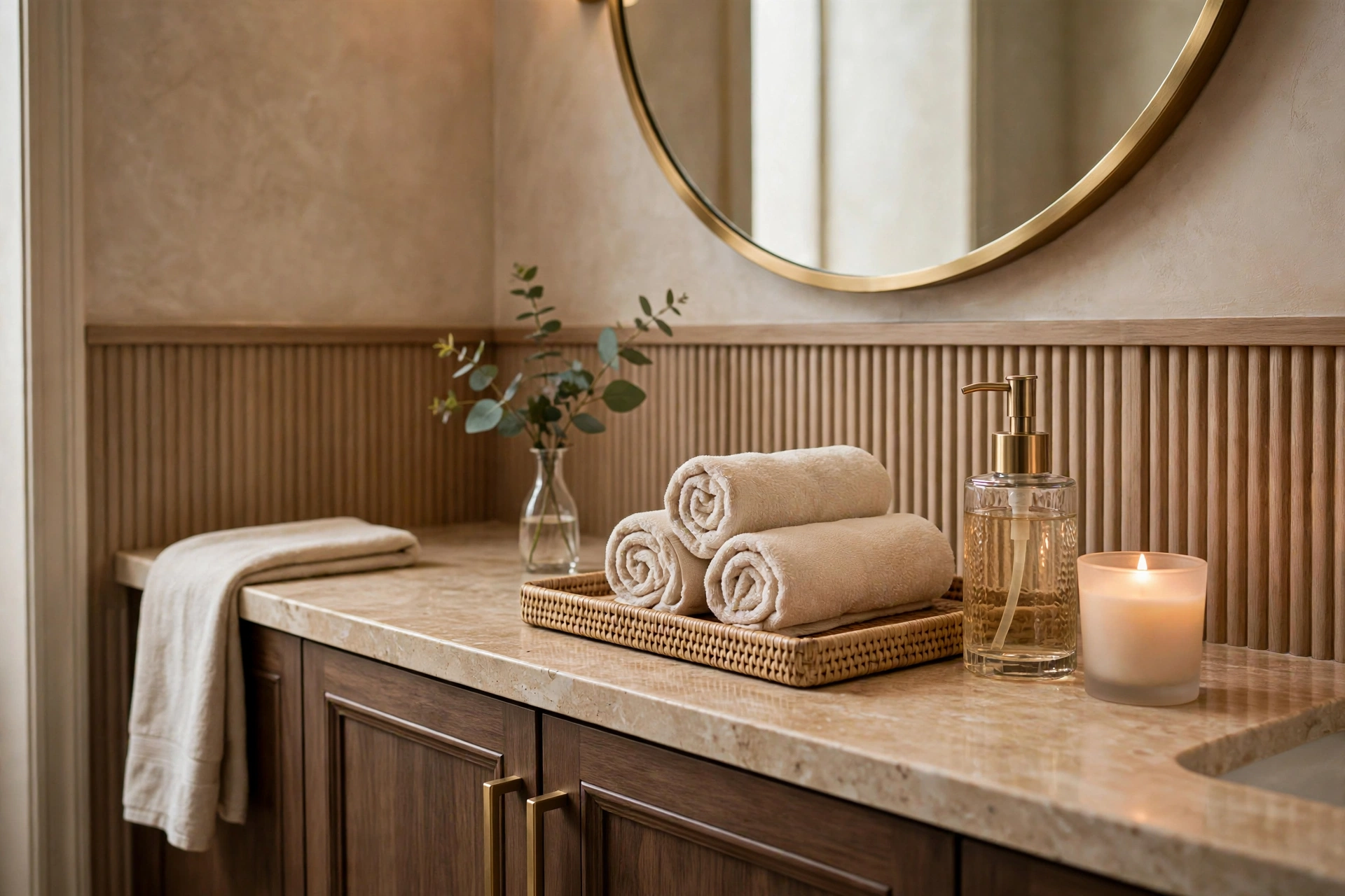 Powder Room With Hotel Worthy Details And Rolled Towels