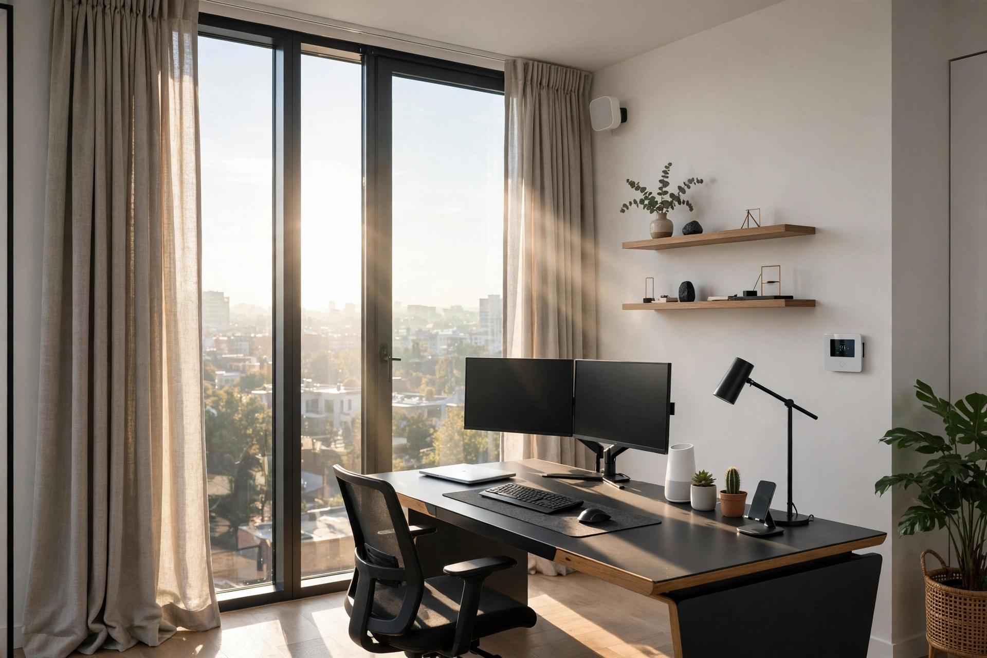 Motorized Curtains In A Smart Home Office Setup