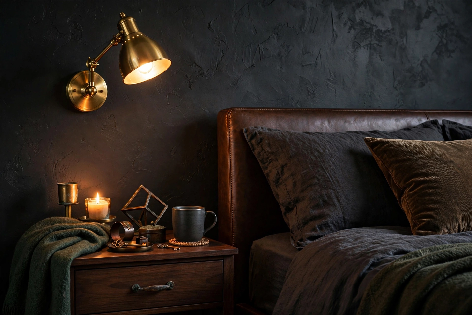Warm Metallic Accents Softening A Masculine Bedroom