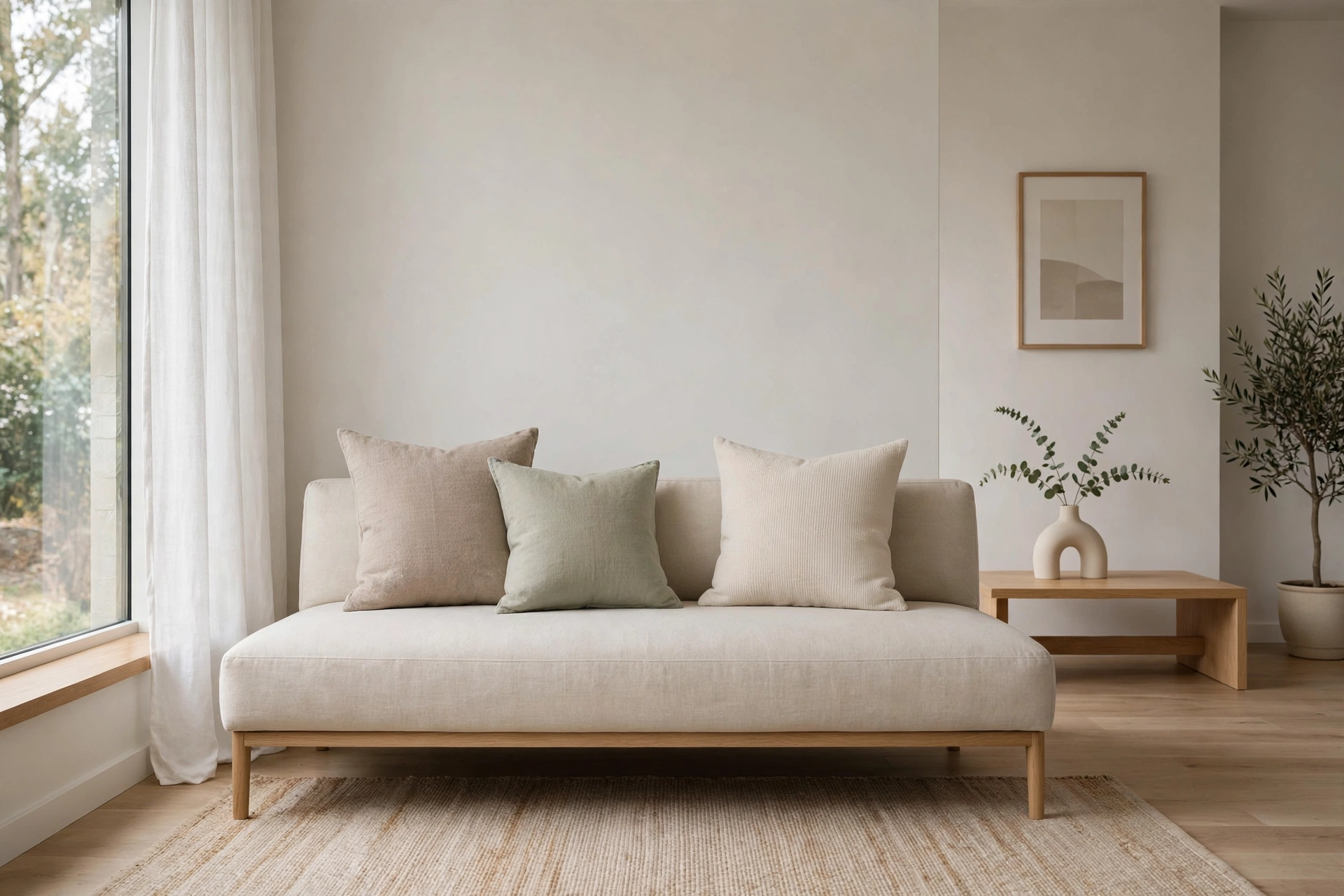 Minimal Edited Throw Pillow Arrangement On Sofa