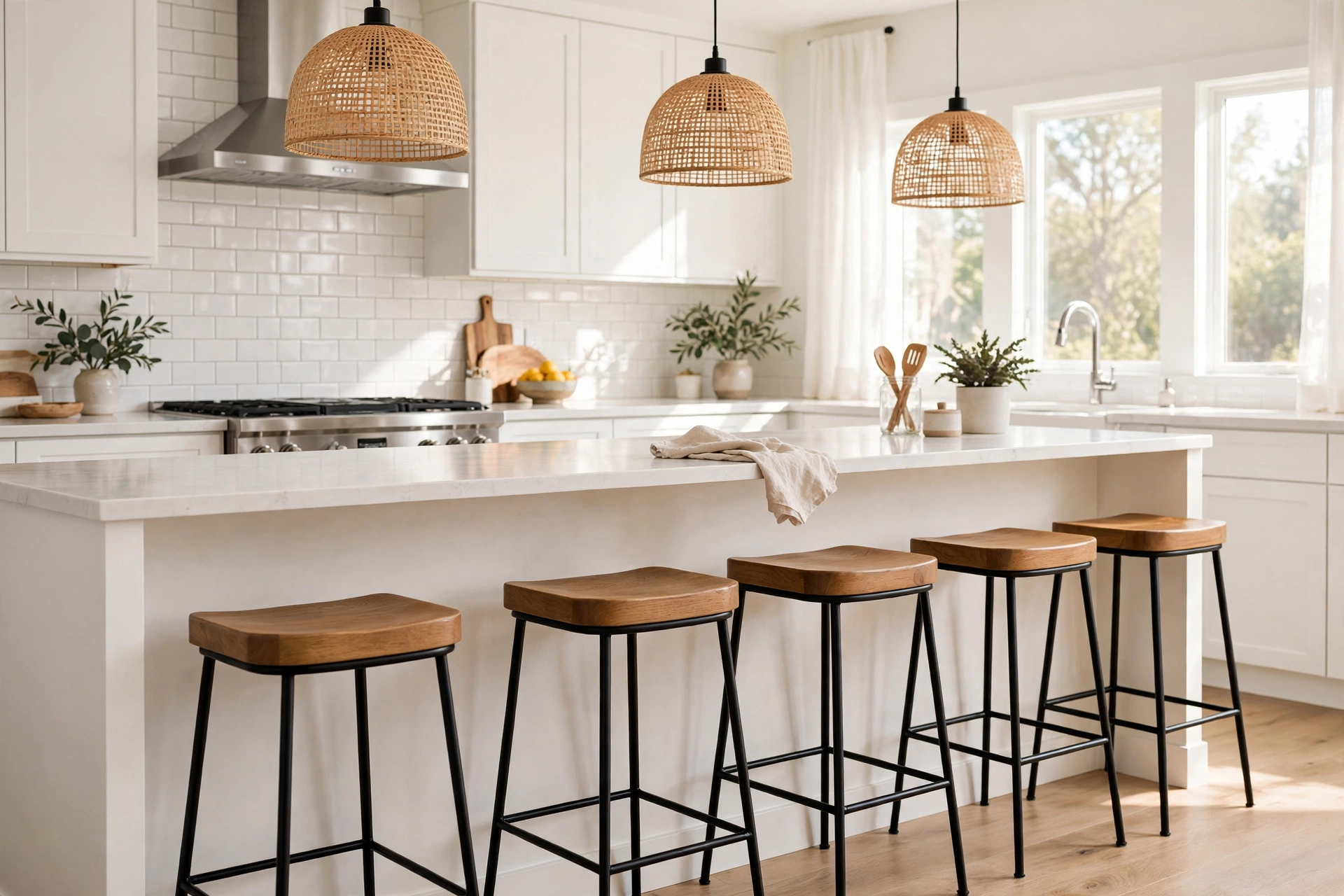 Well-maintained bar stools in a clean bright kitchen interior