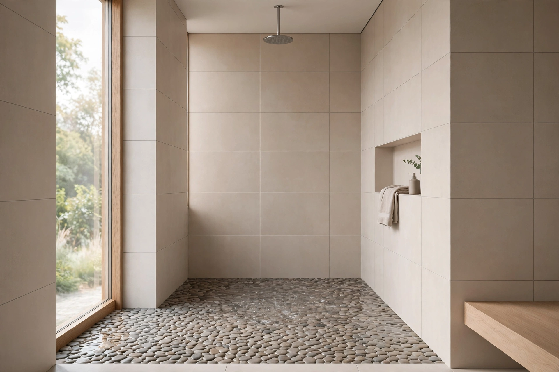 River-pebble shower floor in a curbless Japandi walk-in shower