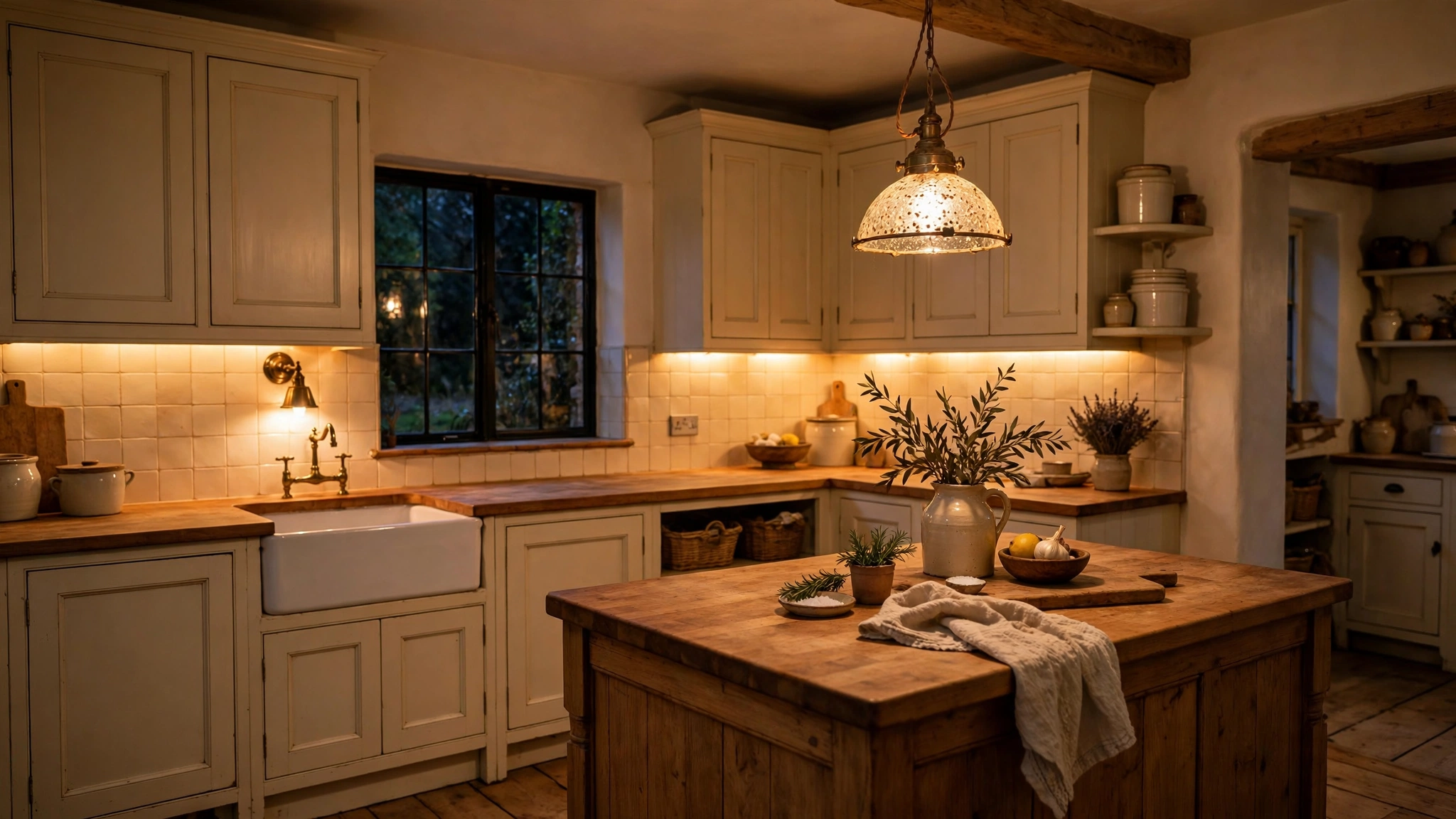 Cottage kitchen glowing with warm pendant, sconce and under-cabinet lighting