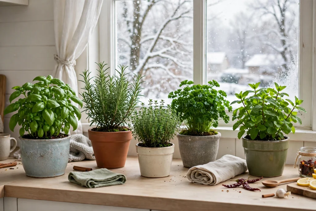 Healthy thriving herb pots on a bright kitchen counter in winter