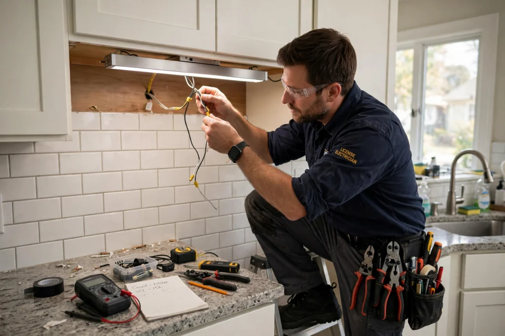 Electrician installing a hardwired under cabinet light fixture in a kitchen