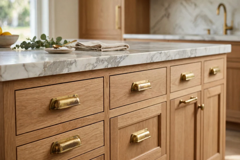 Premium unlacquered brass pulls on a kitchen island with marble countertop