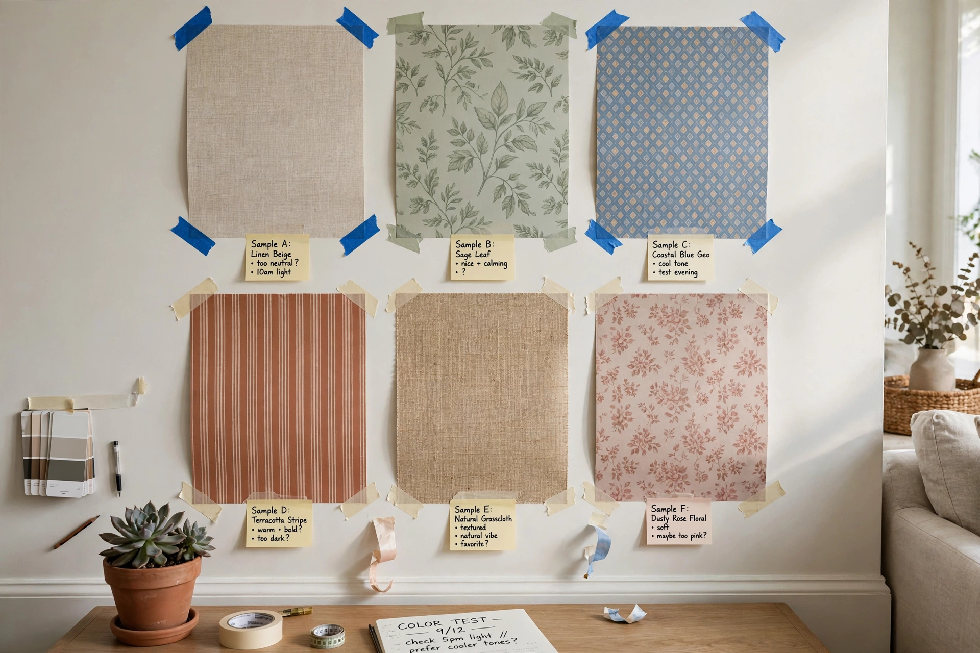 Wallpaper samples taped to a living room wall for color testing