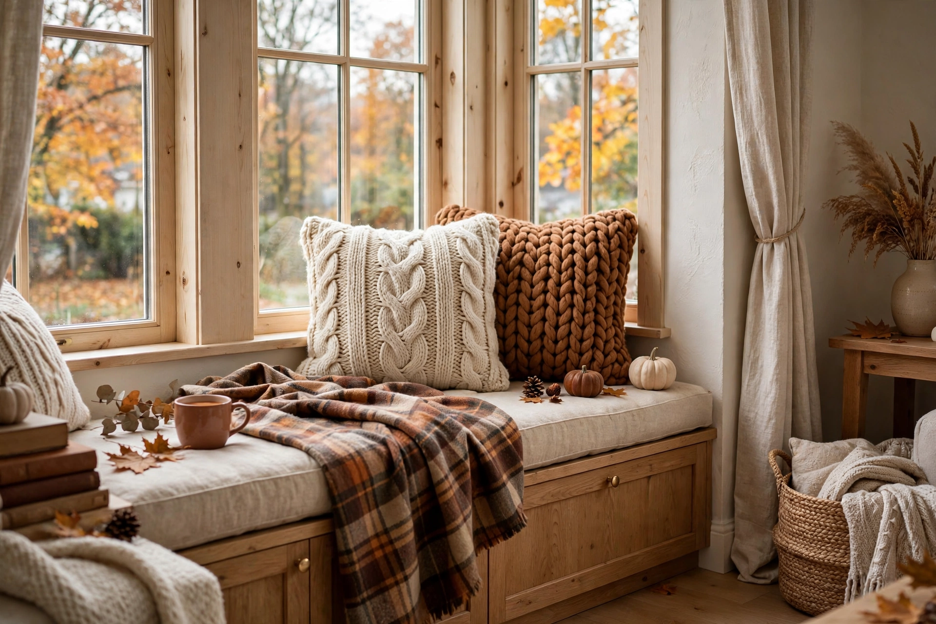 Window seat styled for fall with plaid throw and chunky knit pillows in a living room