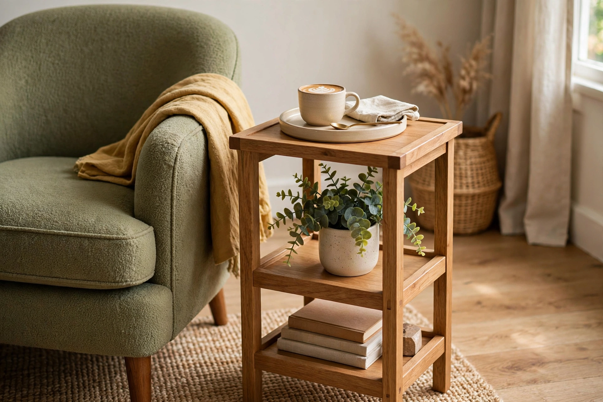 Wooden plant stand doubling as a side table with a tray beside an armchair
